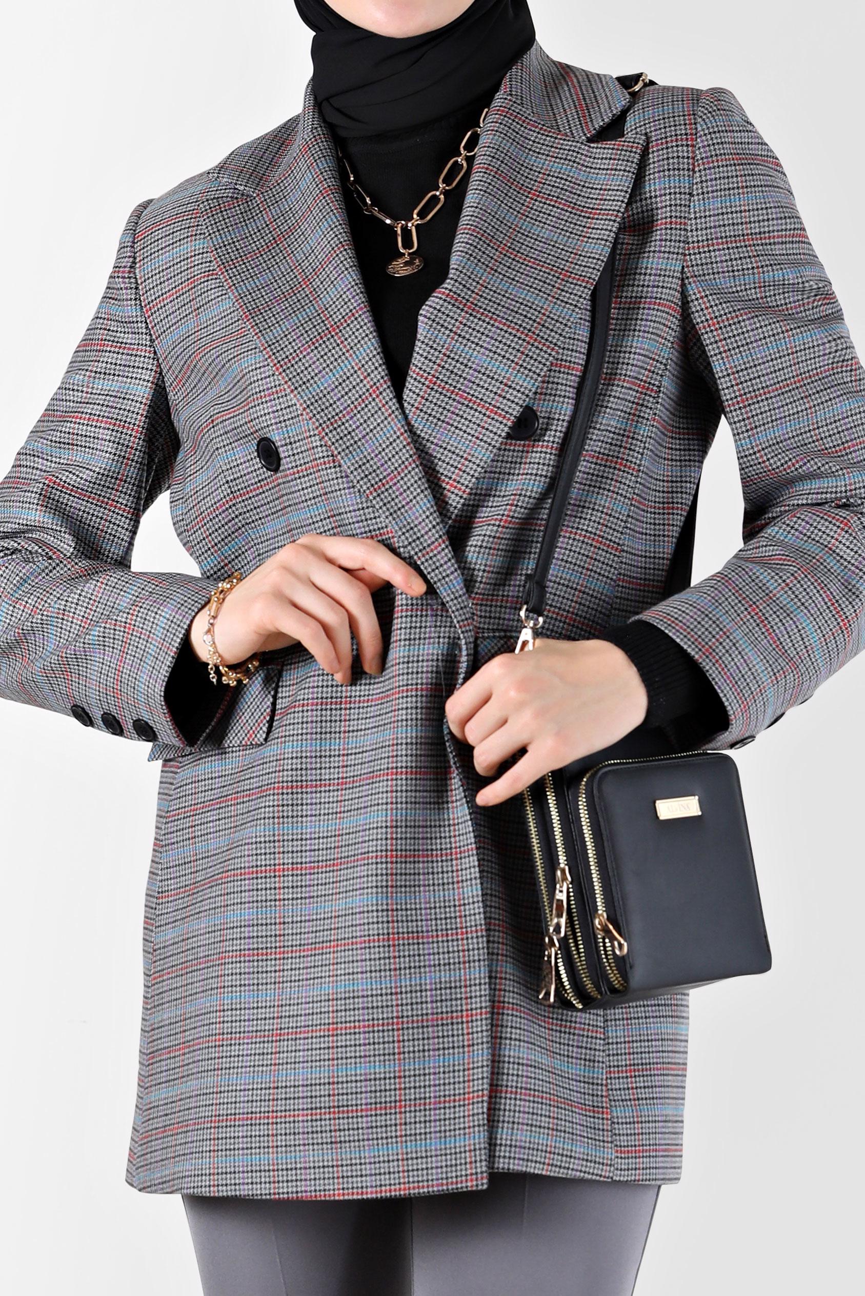 Tesettür giyim GRİ CEP DETAYLI KLASİK YAKA EKOSE CEKET 42236 