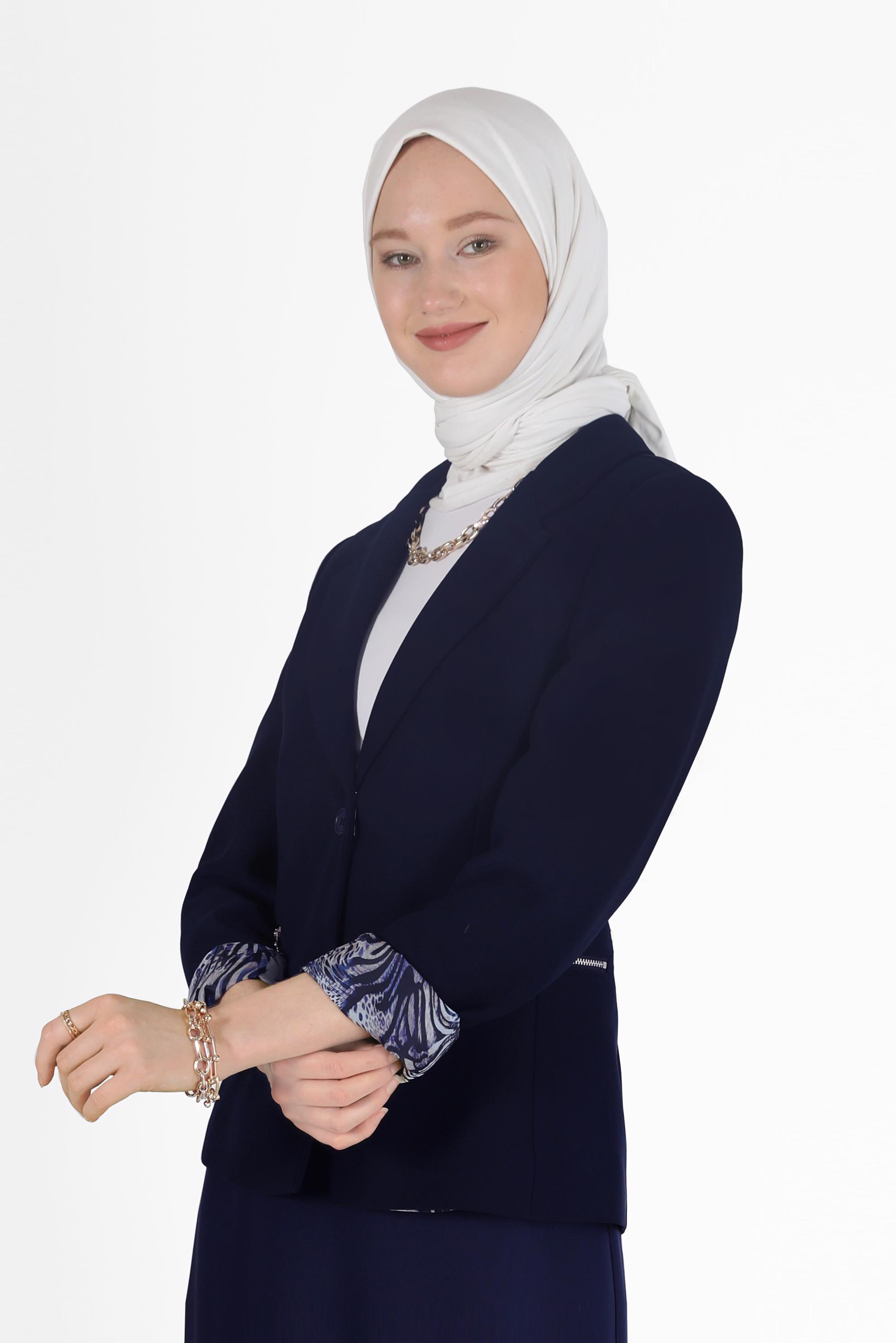 Tesettür giyim LACİVERT ASTARI DESENLİ KLASİK YAKA CEKET 42237 