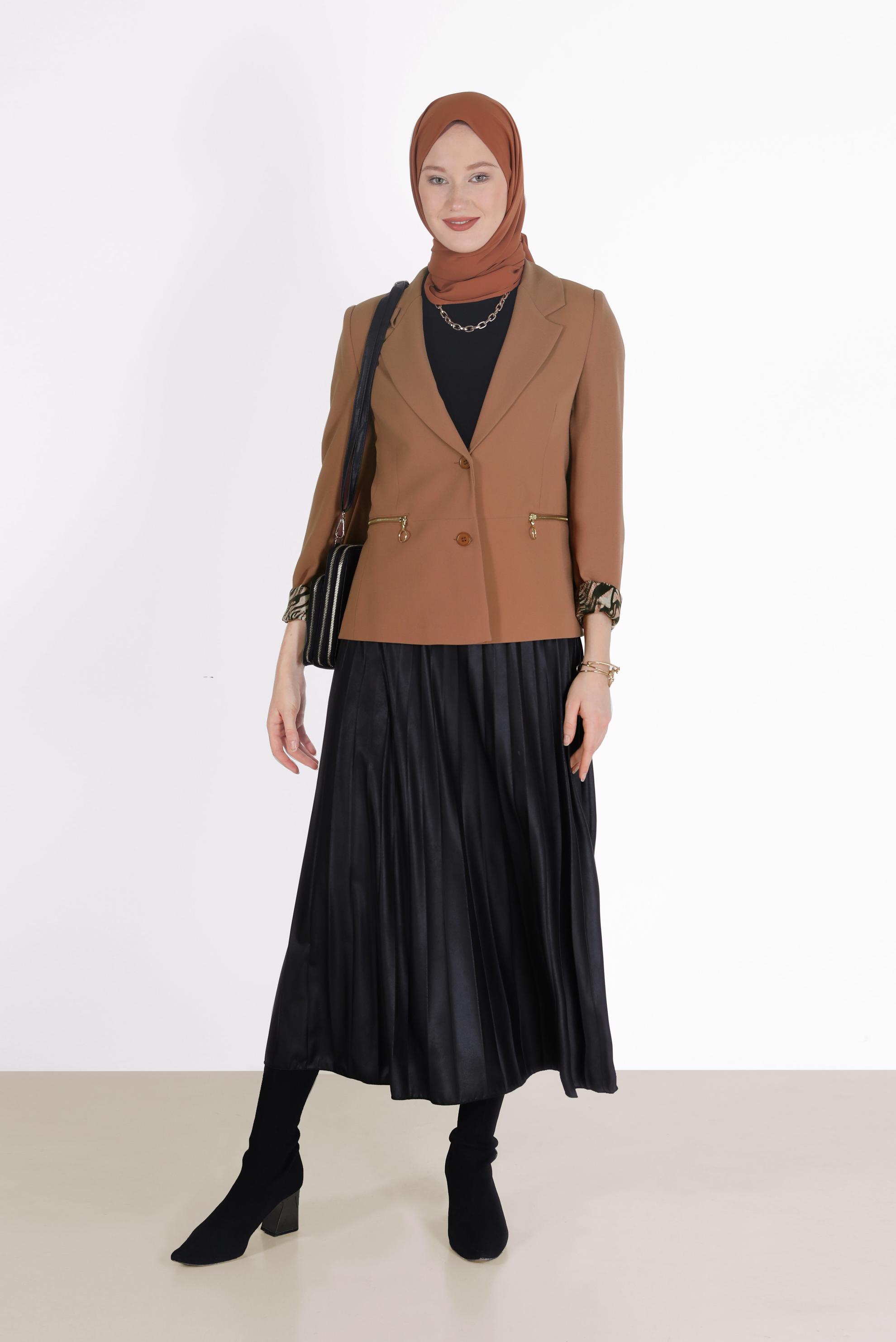 Tesettür giyim KAHVE ASTARI DESENLİ KLASİK YAKA CEKET 42237 