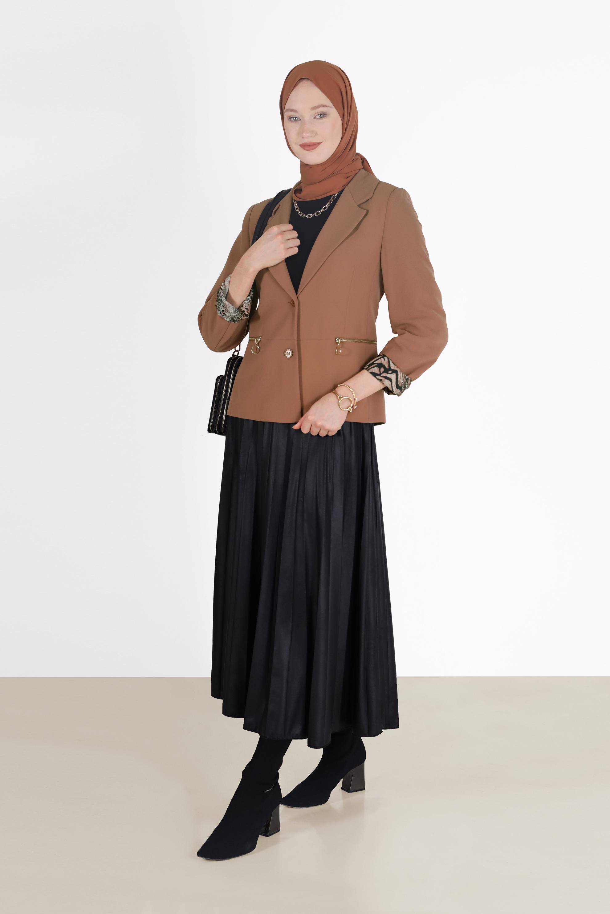 Tesettür giyim KAHVE ASTARI DESENLİ KLASİK YAKA CEKET 42237 