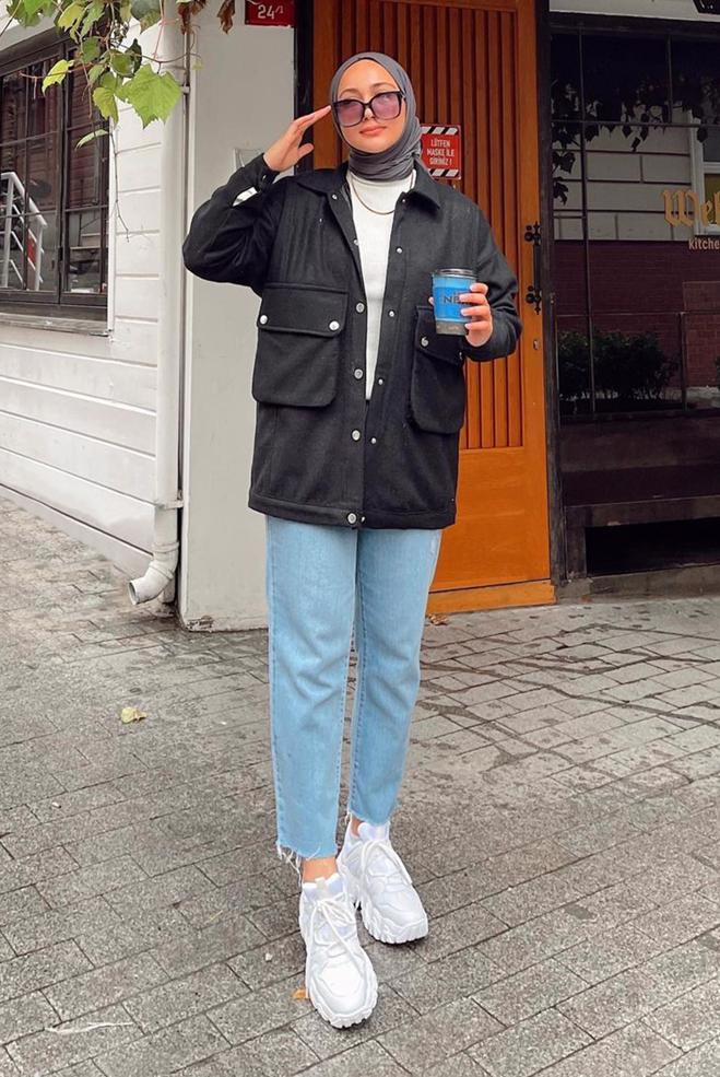 Vêtements hijab NOIR VESTE AVEC POCHES À PRESSION 42473  - ALVİNA