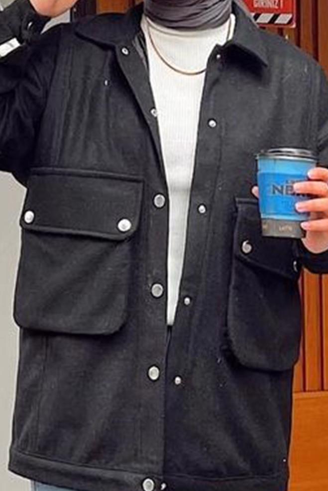 Vêtements hijab NOIR VESTE AVEC POCHES À PRESSION 42473  - ALVİNA