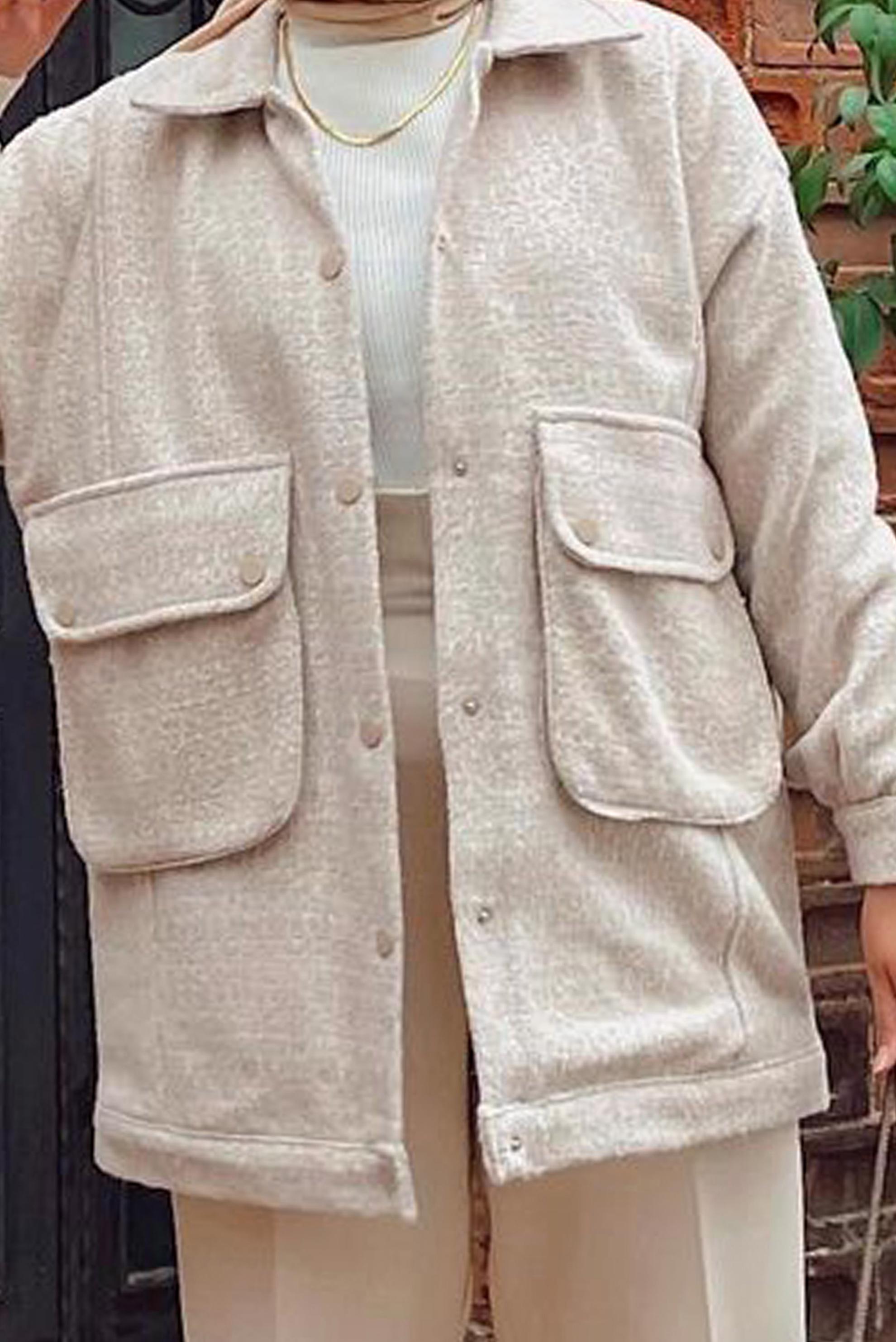 Tesettür giyim BEJ CEP DETAYLI ÇITÇITLI CEKET 42473 