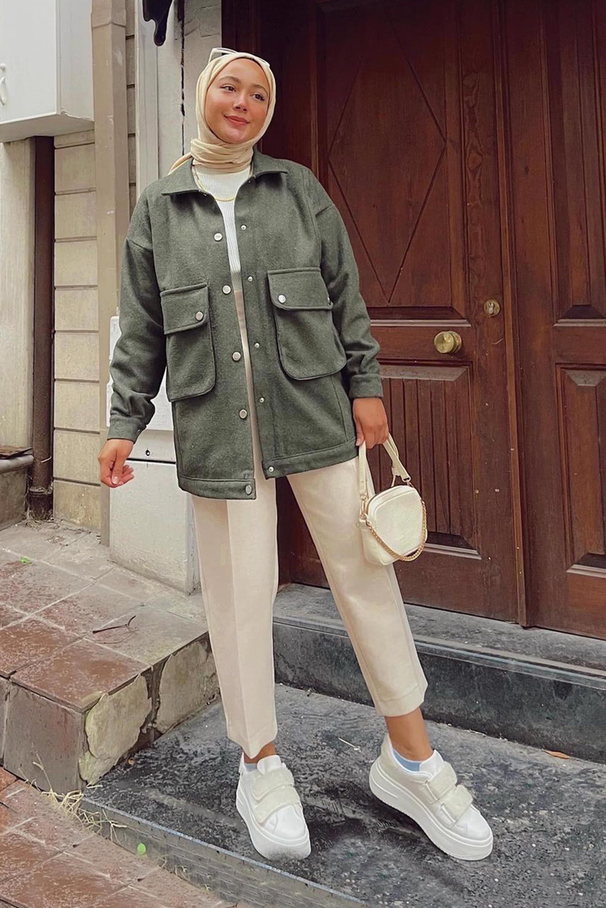 Tesettür giyim HAKİ CEP DETAYLI ÇITÇITLI CEKET 42473 