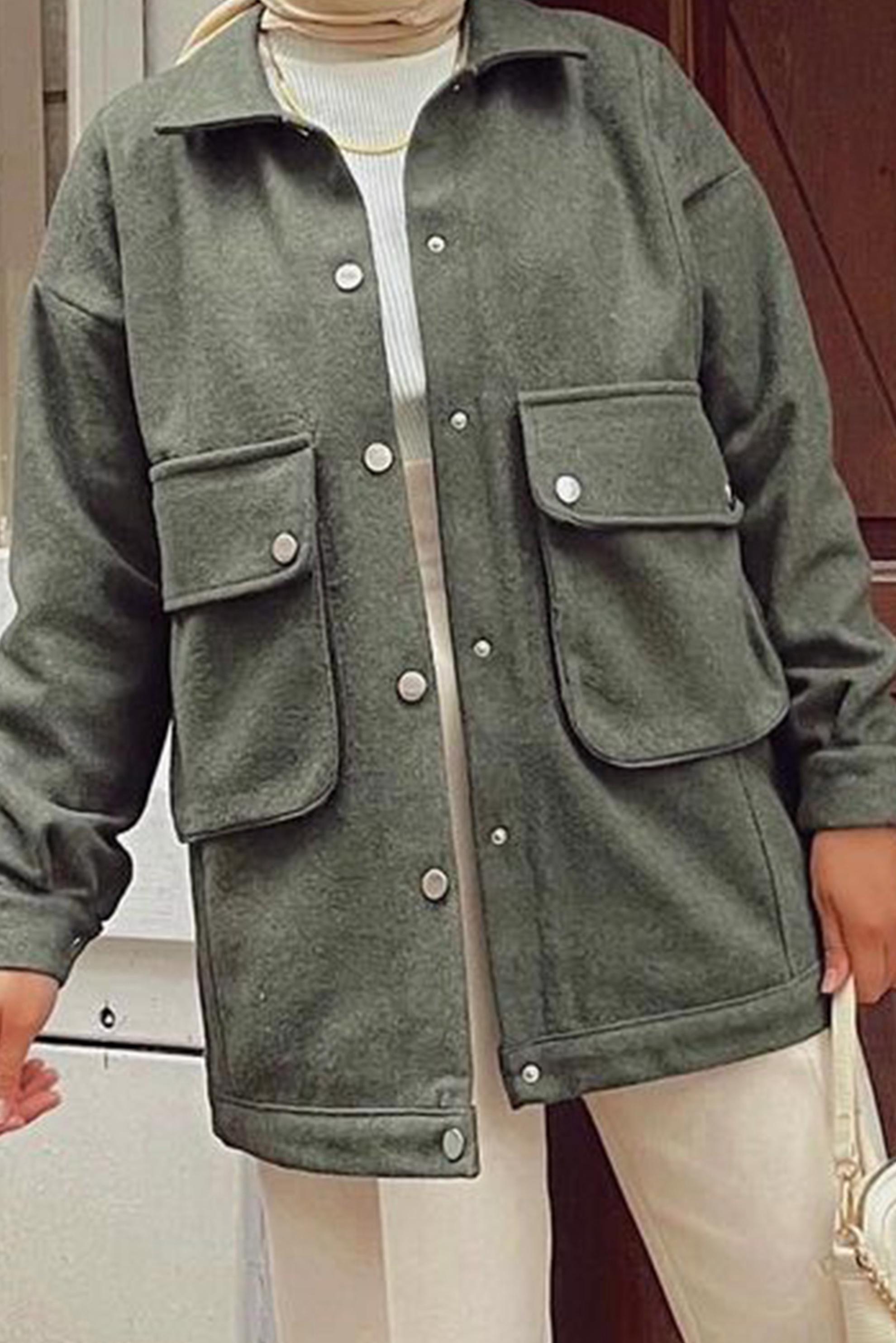 Tesettür giyim HAKİ CEP DETAYLI ÇITÇITLI CEKET 42473 