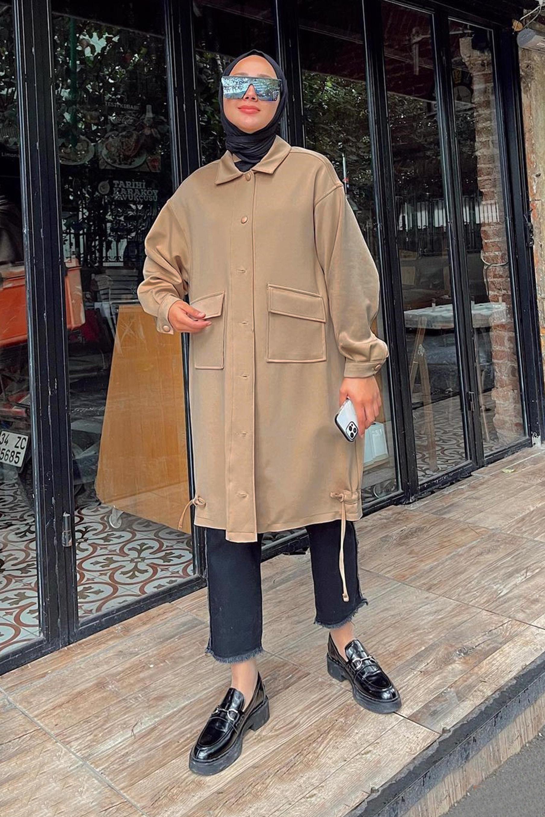 Tesettür giyim KAHVE CEP DETAYLI ETEK UCU BÜZGÜLÜ CEKET 42475 