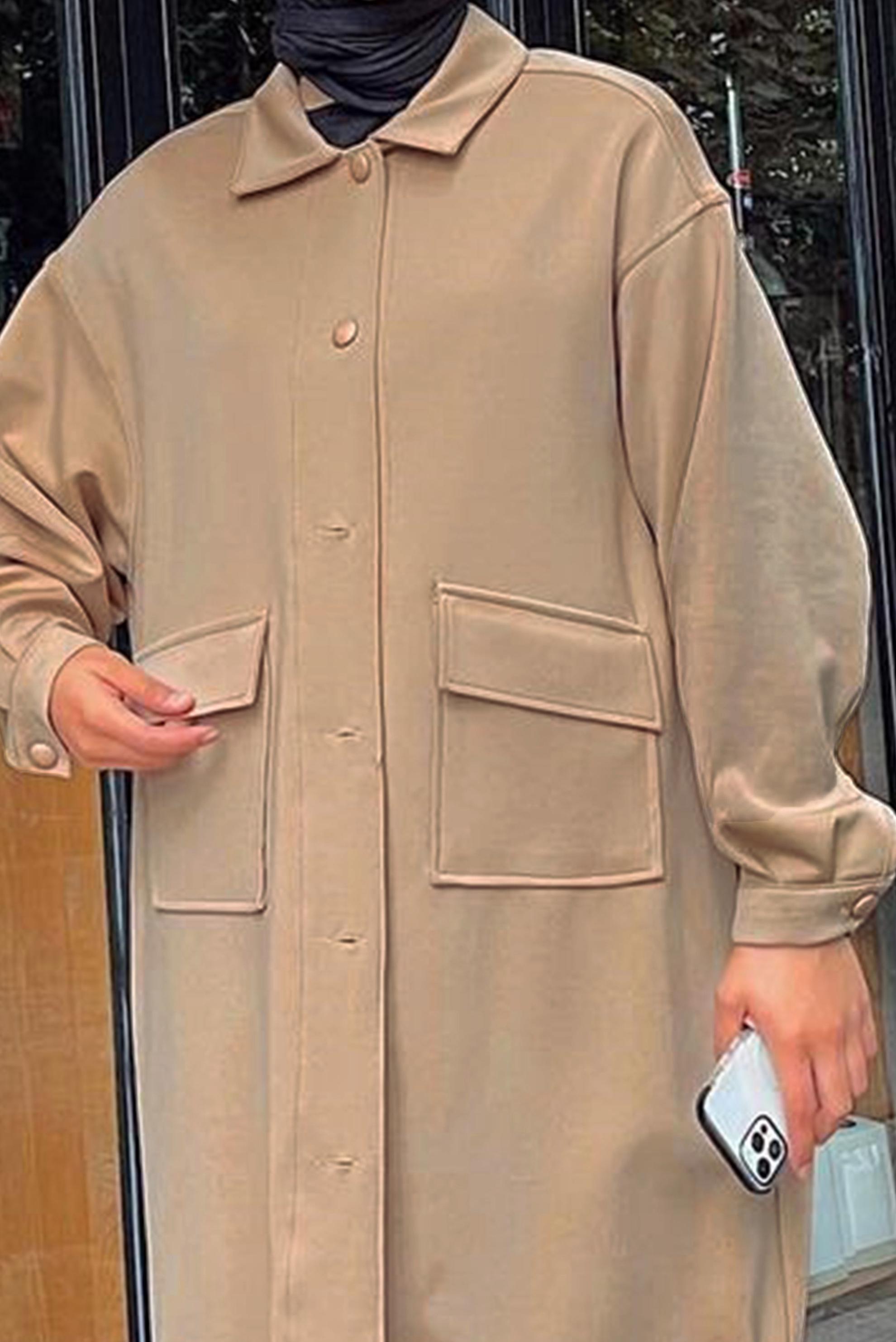 Tesettür giyim KAHVE CEP DETAYLI ETEK UCU BÜZGÜLÜ CEKET 42475 