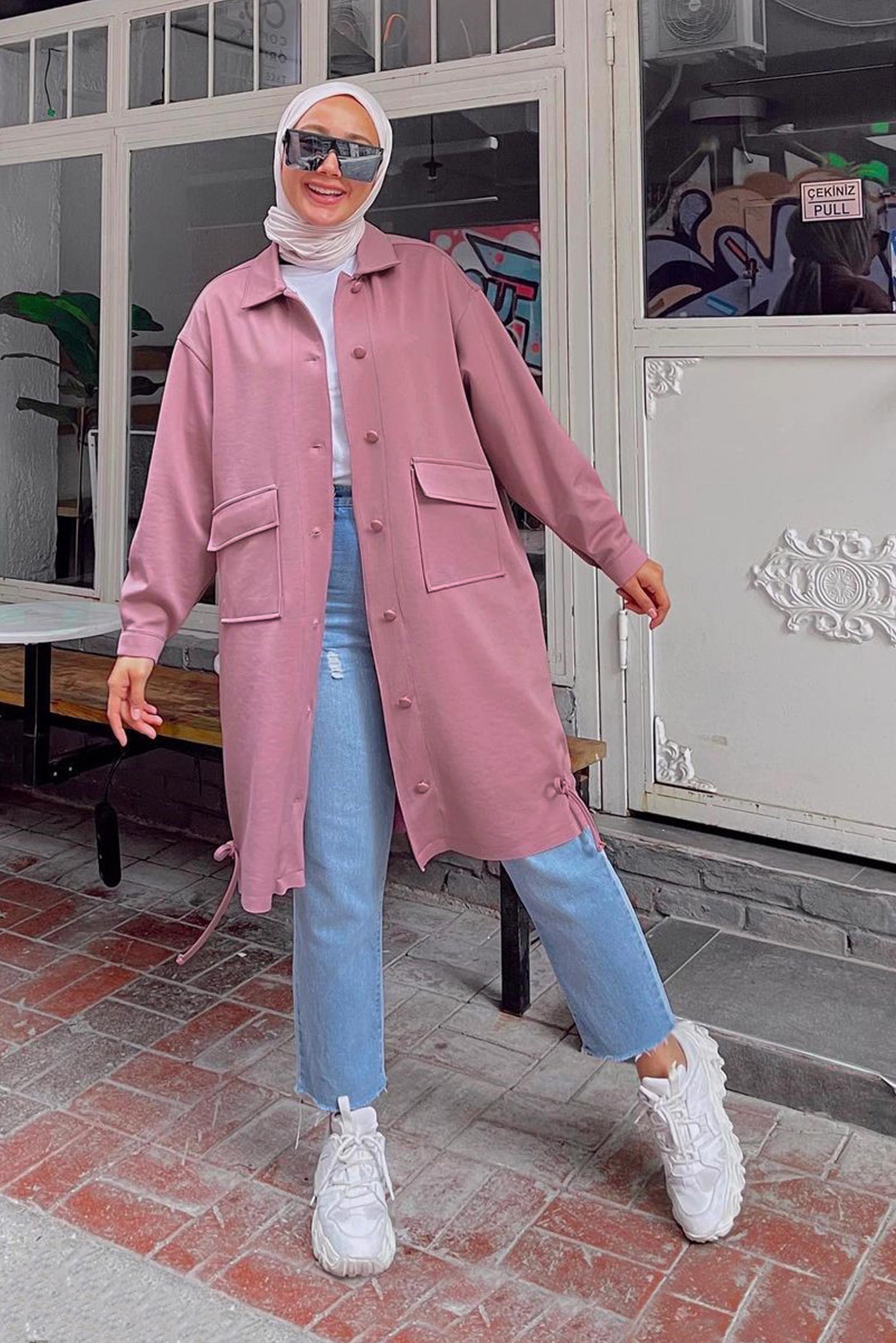 Tesettür giyim PUDRA CEP DETAYLI ETEK UCU BÜZGÜLÜ CEKET 42475 