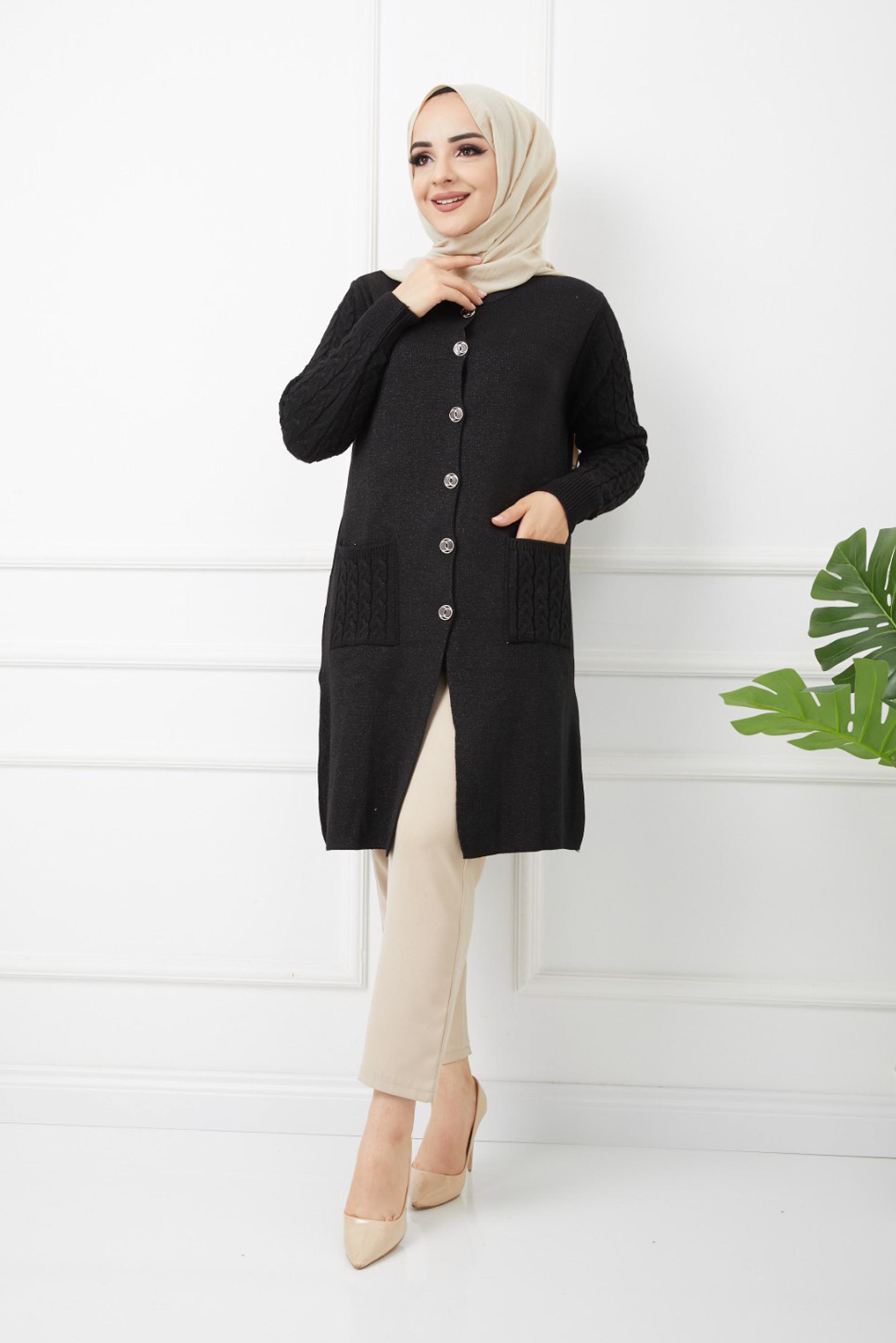 Tesettür giyim SİYAH SAÇ ÖRGÜSÜ DETAYLI CEPLİ TRİKO HIRKA 42484 