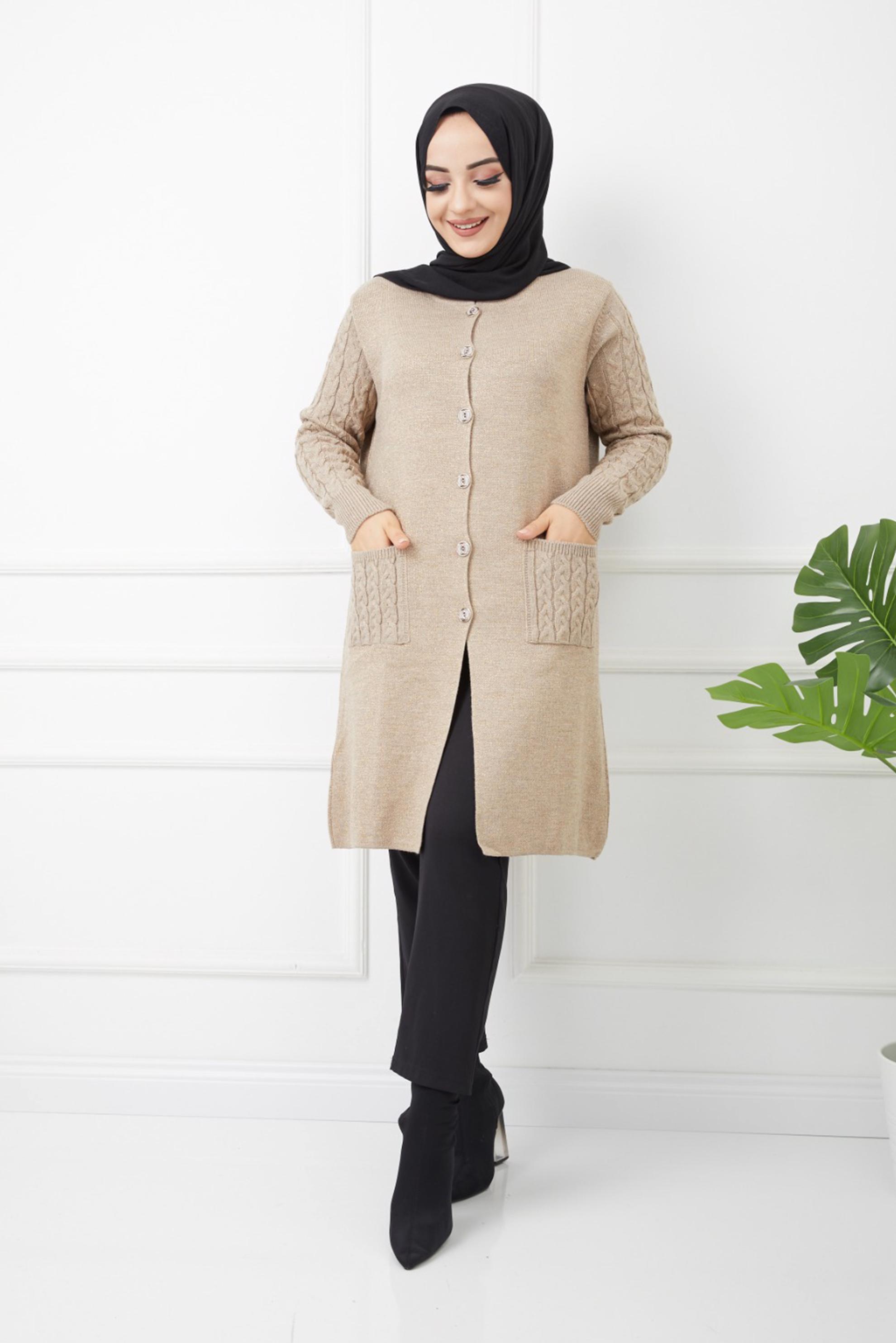 Tesettür giyim VİZON SAÇ ÖRGÜSÜ DETAYLI CEPLİ TRİKO HIRKA 42484 