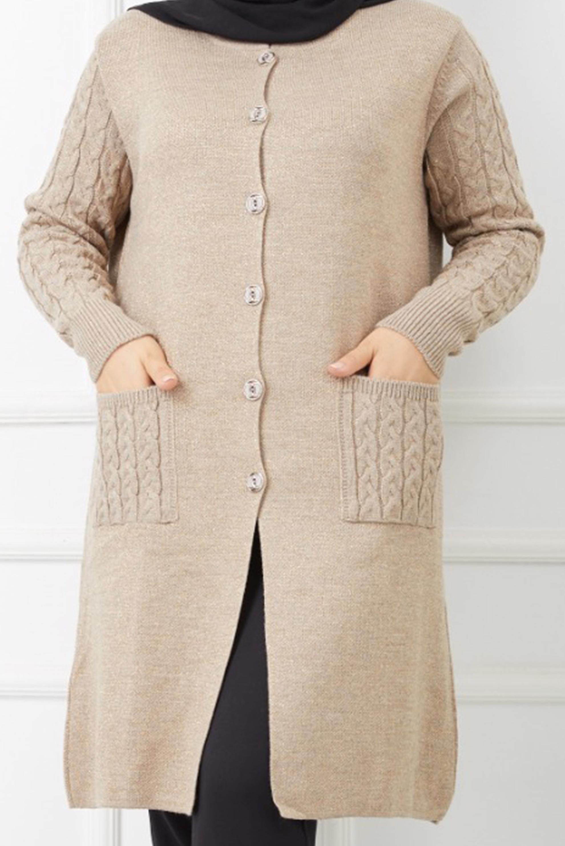 Tesettür giyim VİZON SAÇ ÖRGÜSÜ DETAYLI CEPLİ TRİKO HIRKA 42484 