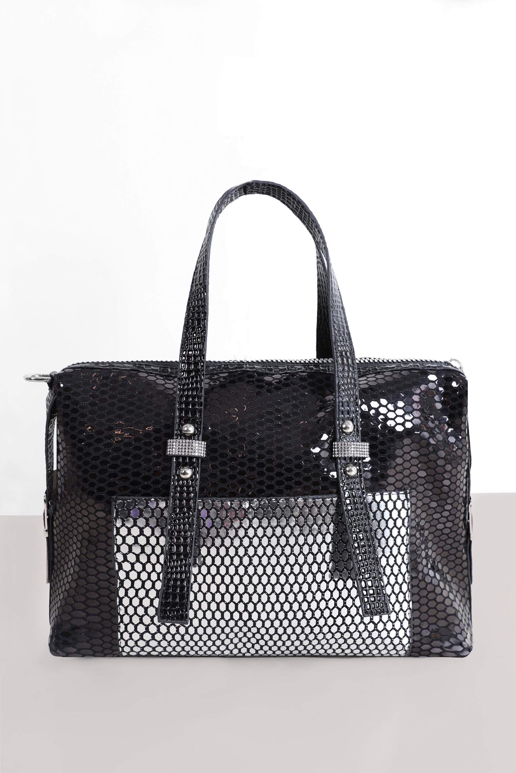 Tesettür giyim SİYAH ALVİNA TAŞ VE FERMUAR DETAYLI DESENLİ ÇANTA 9014 