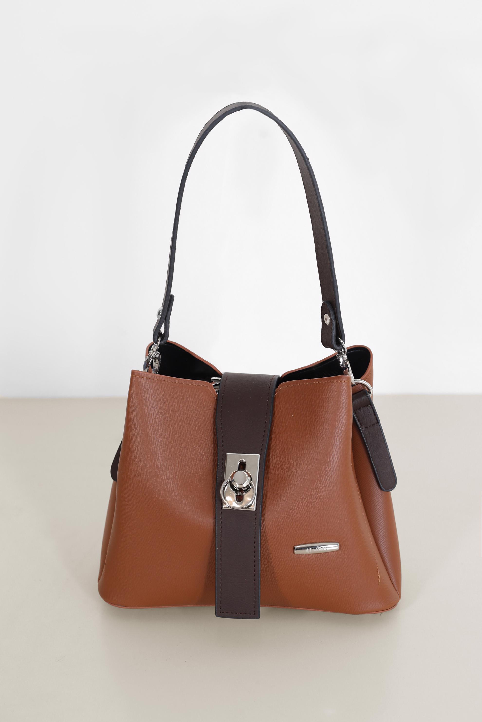 Tesettür giyim TABA İKİ RENK DERİ TOTE ÇANTA 9030 