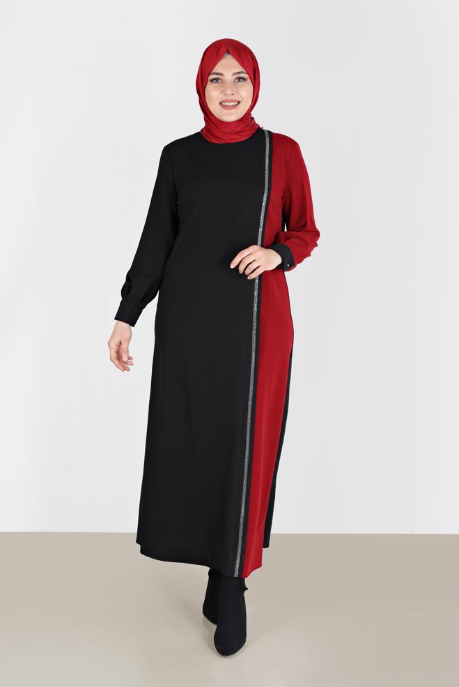 Hijab clothing RED GEM STRIPE DETAIL DRESS 20193  - ALVİNA