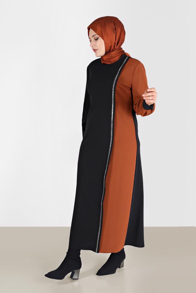Hijab clothing BROWN GEM STRIPE DETAIL DRESS 20193  - ALVİNA