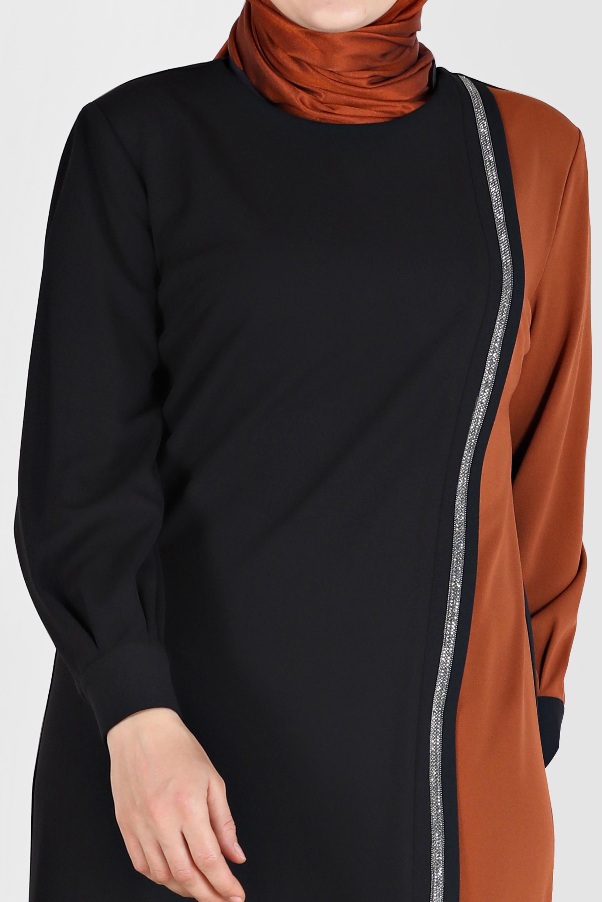 Tesettür giyim KAHVE TAŞLI ŞERİT DETAYLI ELBİSE 20193 