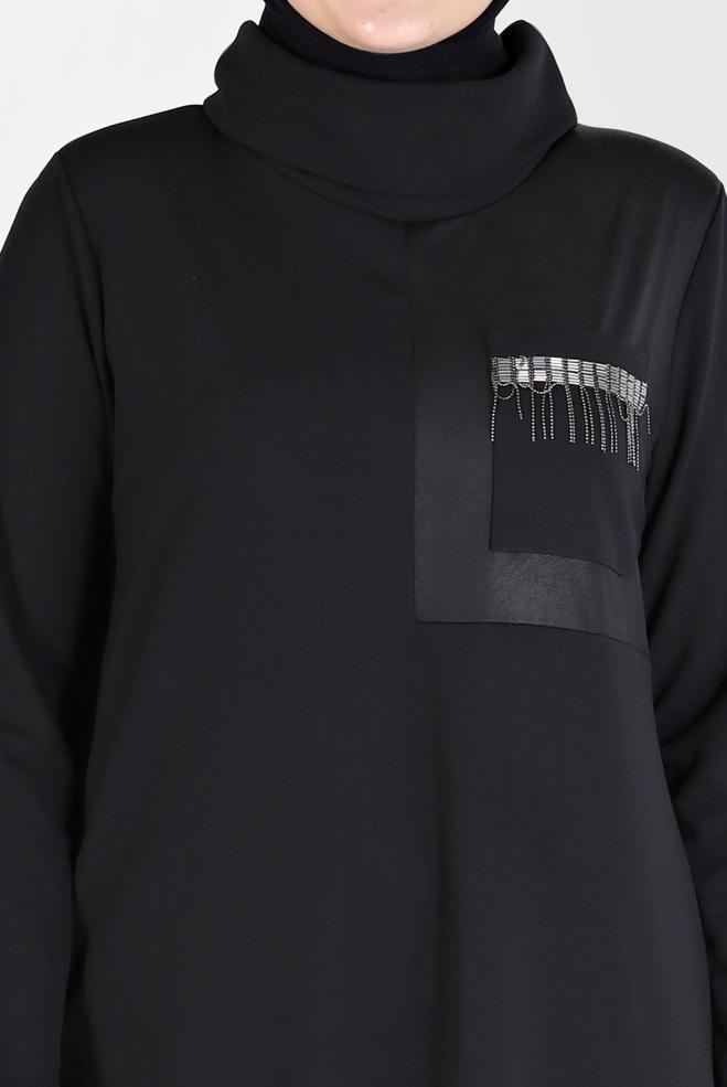 Hijab clothing BLACK CHAIN DETAIL FLOWING NECKLINE DRESS 20197  - ALVİNA