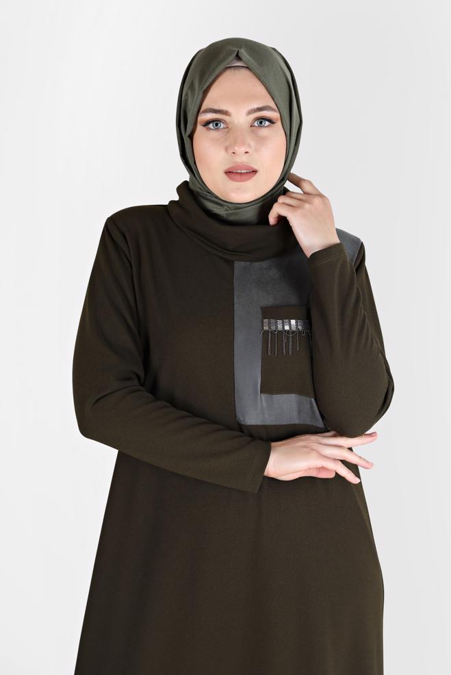 Hijab clothing KHAKI CHAIN DETAIL FLOWING NECKLINE DRESS 20197  - ALVİNA
