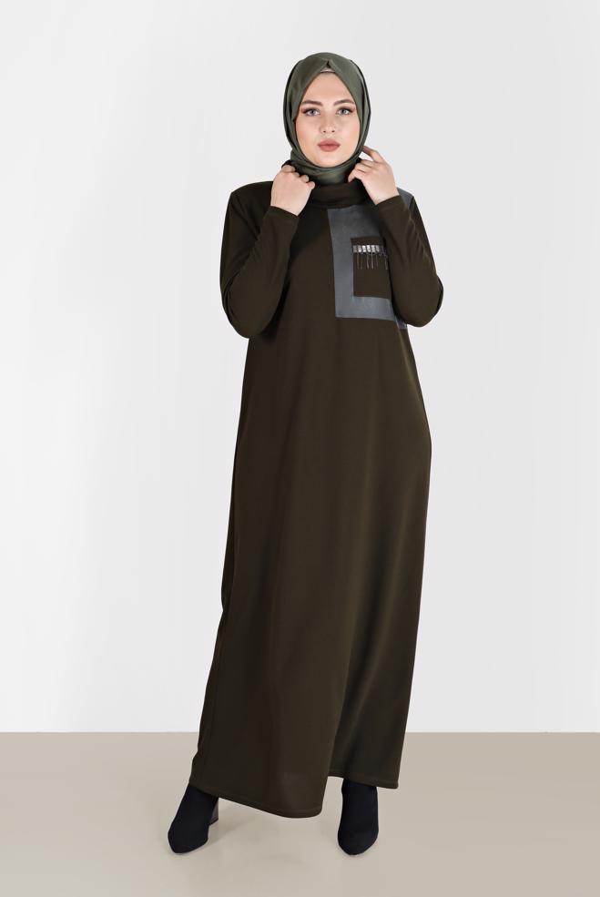 Hijab clothing KHAKI CHAIN DETAIL FLOWING NECKLINE DRESS 20197  - ALVİNA