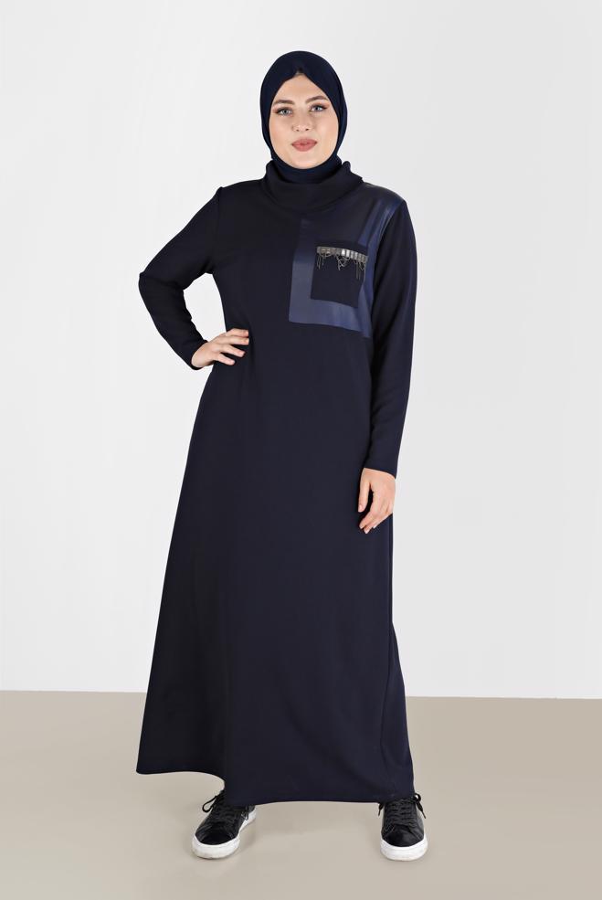 Hijab clothing NAVY BLUE CHAIN DETAIL FLOWING NECKLINE DRESS 20197  - ALVİNA