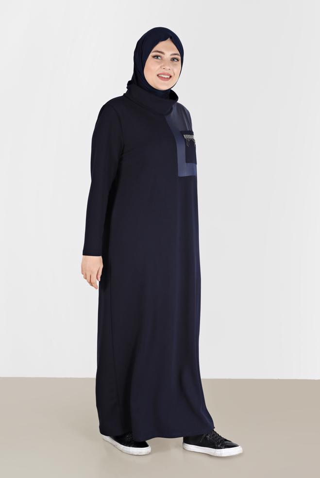 Hijab clothing NAVY BLUE CHAIN DETAIL FLOWING NECKLINE DRESS 20197  - ALVİNA