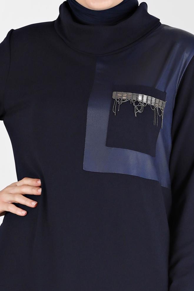 Hijab clothing NAVY BLUE CHAIN DETAIL FLOWING NECKLINE DRESS 20197  - ALVİNA