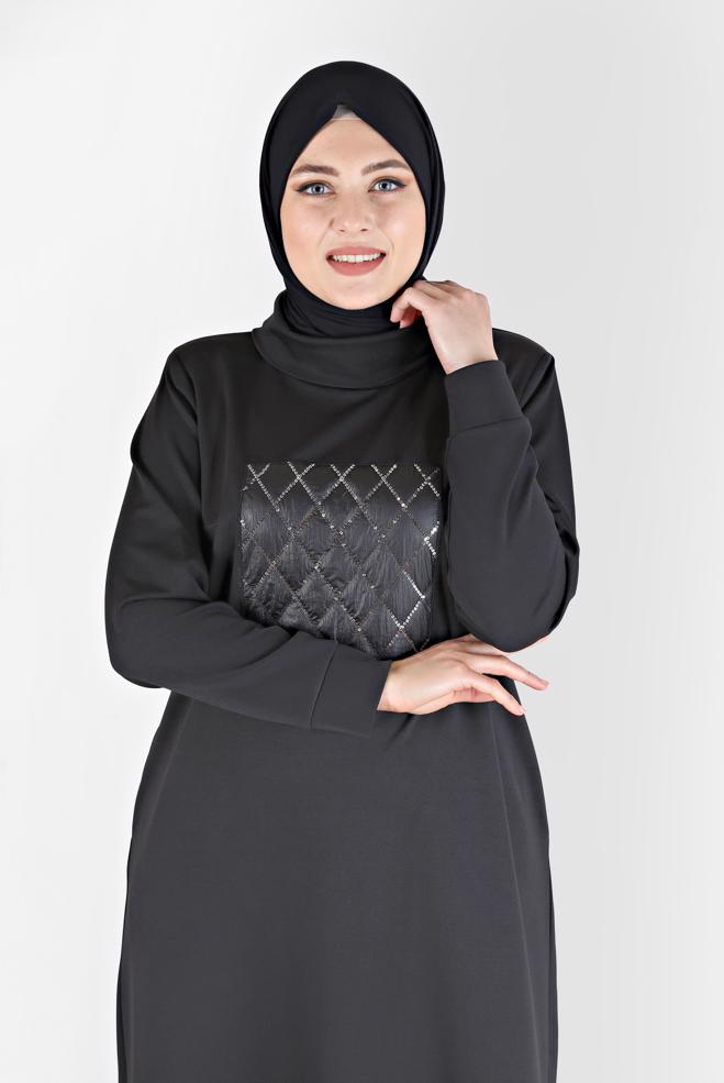 Hijab clothing BLACK SEQUIN EMBROIDERED QUILT DETAIL DRESS 20198  - ALVİNA