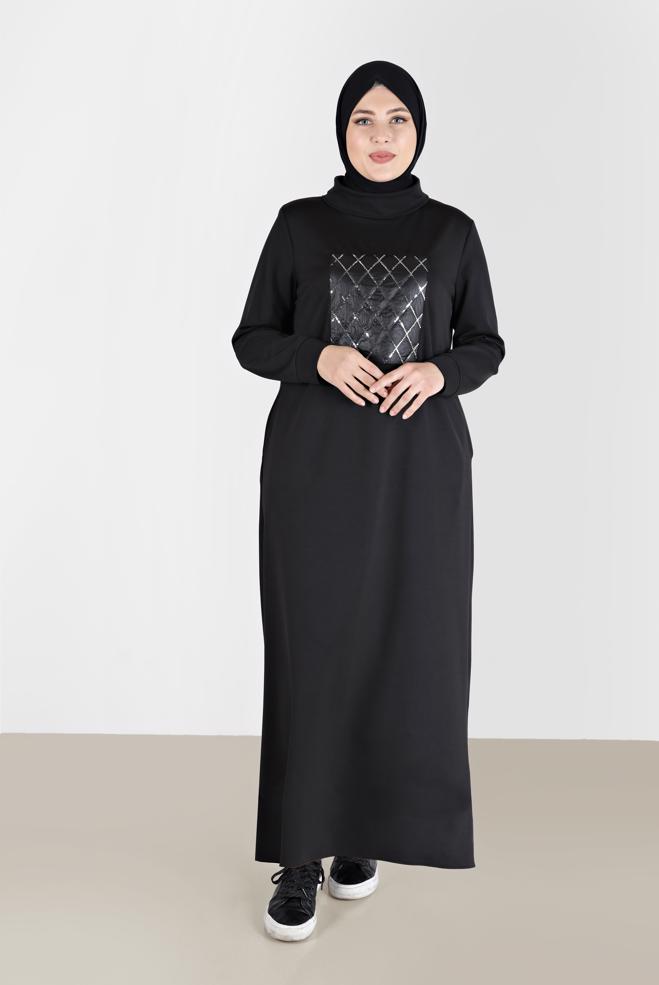 Hijab clothing BLACK SEQUIN EMBROIDERED QUILT DETAIL DRESS 20198  - ALVİNA