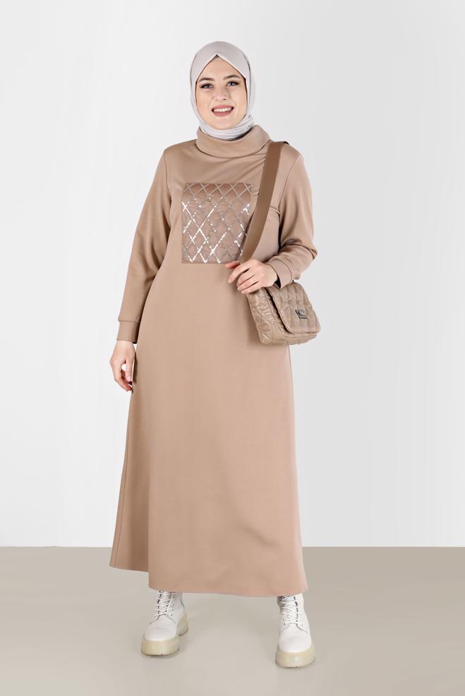 Hijab clothing BEIGE SEQUIN EMBROIDERED QUILT DETAIL DRESS 20198  - ALVİNA
