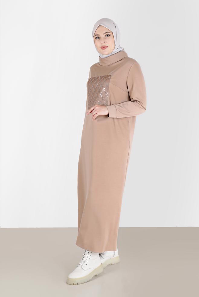 Hijab clothing BEIGE SEQUIN EMBROIDERED QUILT DETAIL DRESS 20198  - ALVİNA