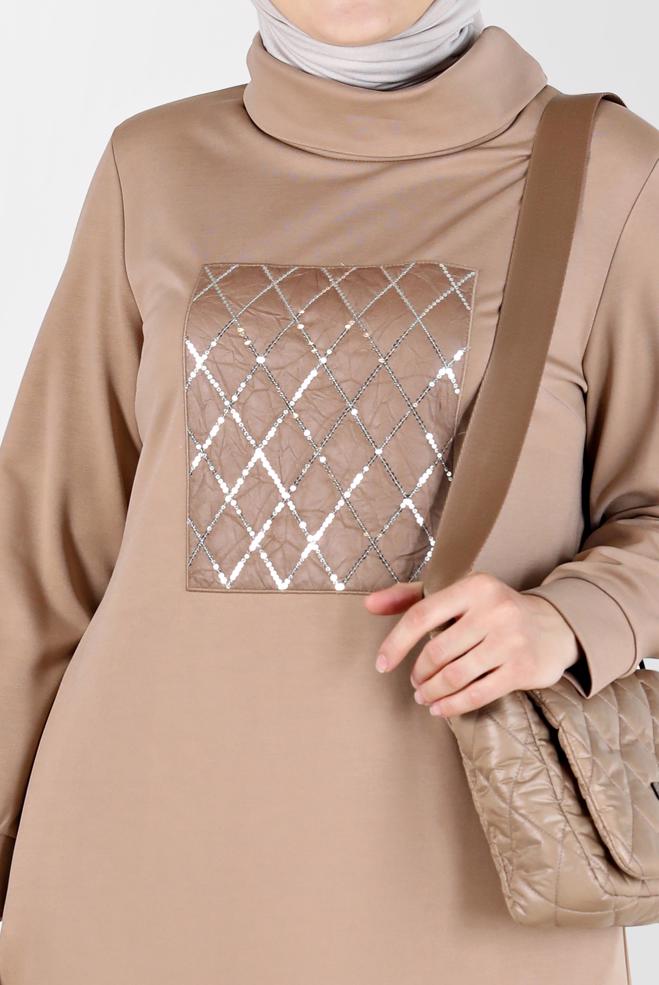 Hijab clothing BEIGE SEQUIN EMBROIDERED QUILT DETAIL DRESS 20198  - ALVİNA