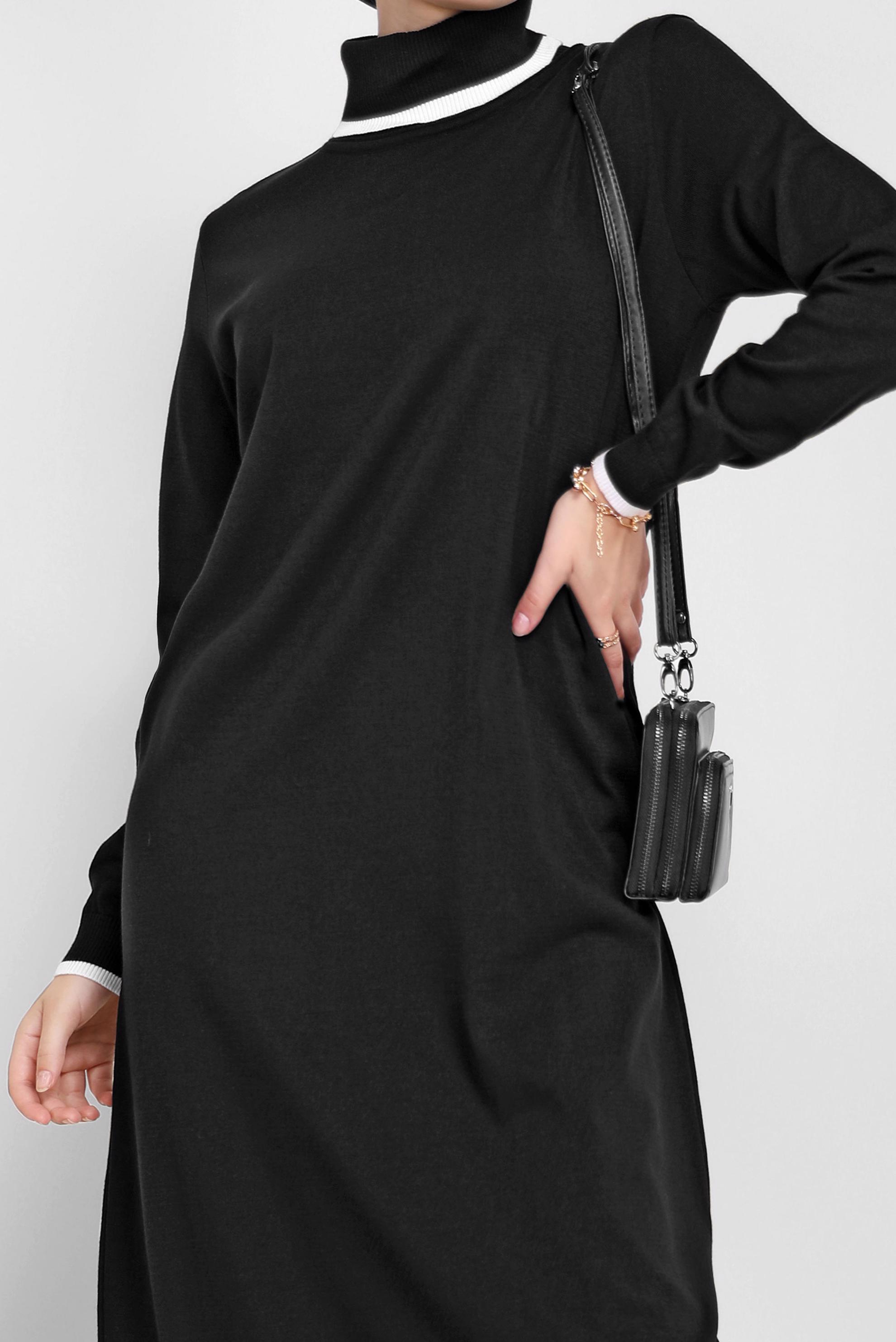 Tesettür giyim SİYAH BOĞAZLI TRİKO ELBİSE 42014