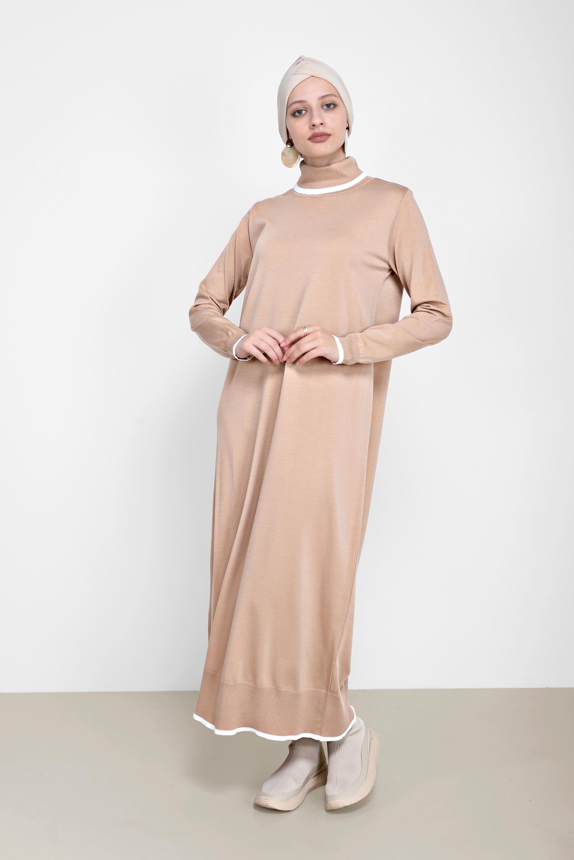 Tesettür giyim BEJ BOĞAZLI TRİKO ELBİSE 42014