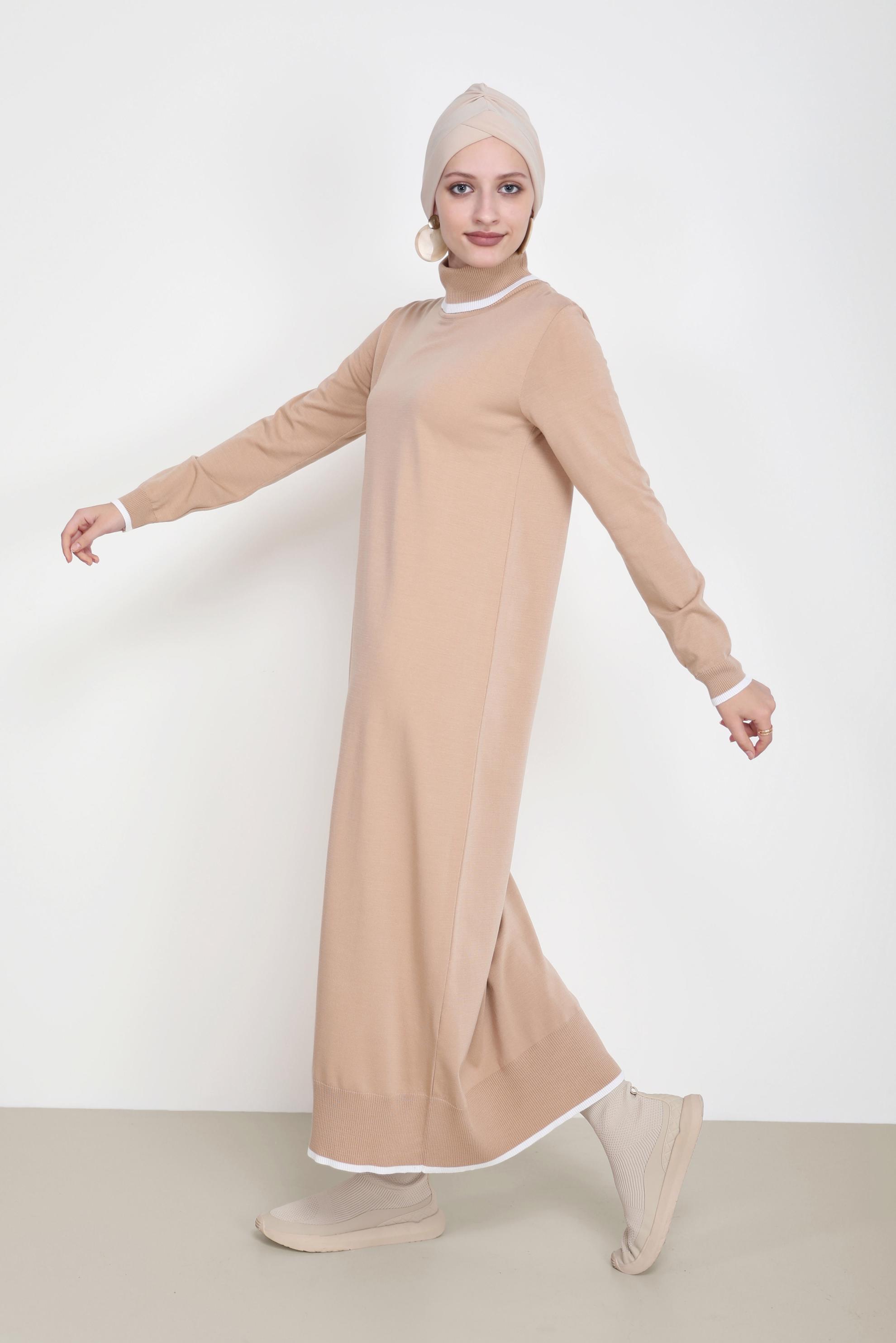 Tesettür giyim BEJ BOĞAZLI TRİKO ELBİSE 42014