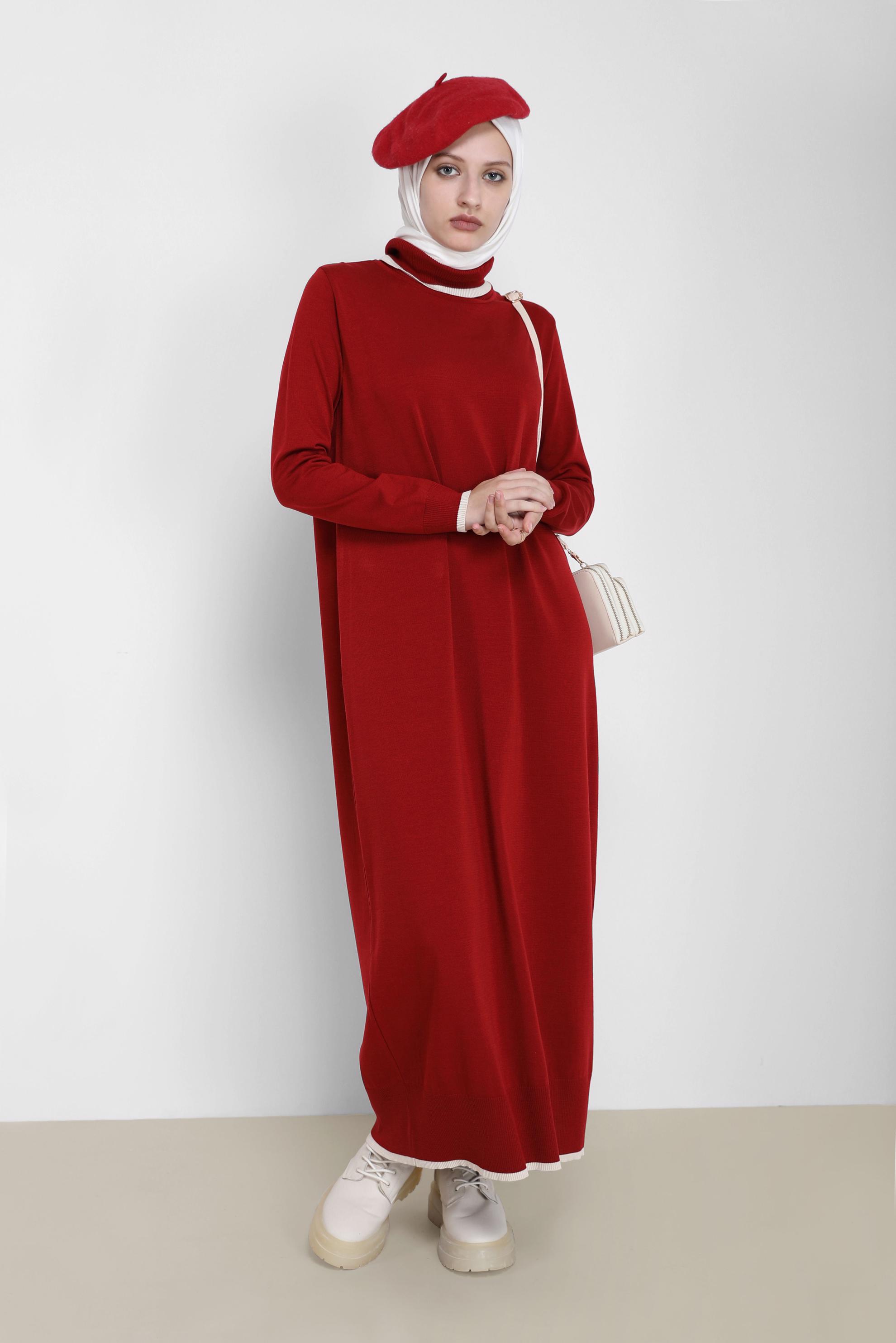 Tesettür giyim KIRMIZI BOĞAZLI TRİKO ELBİSE 42014