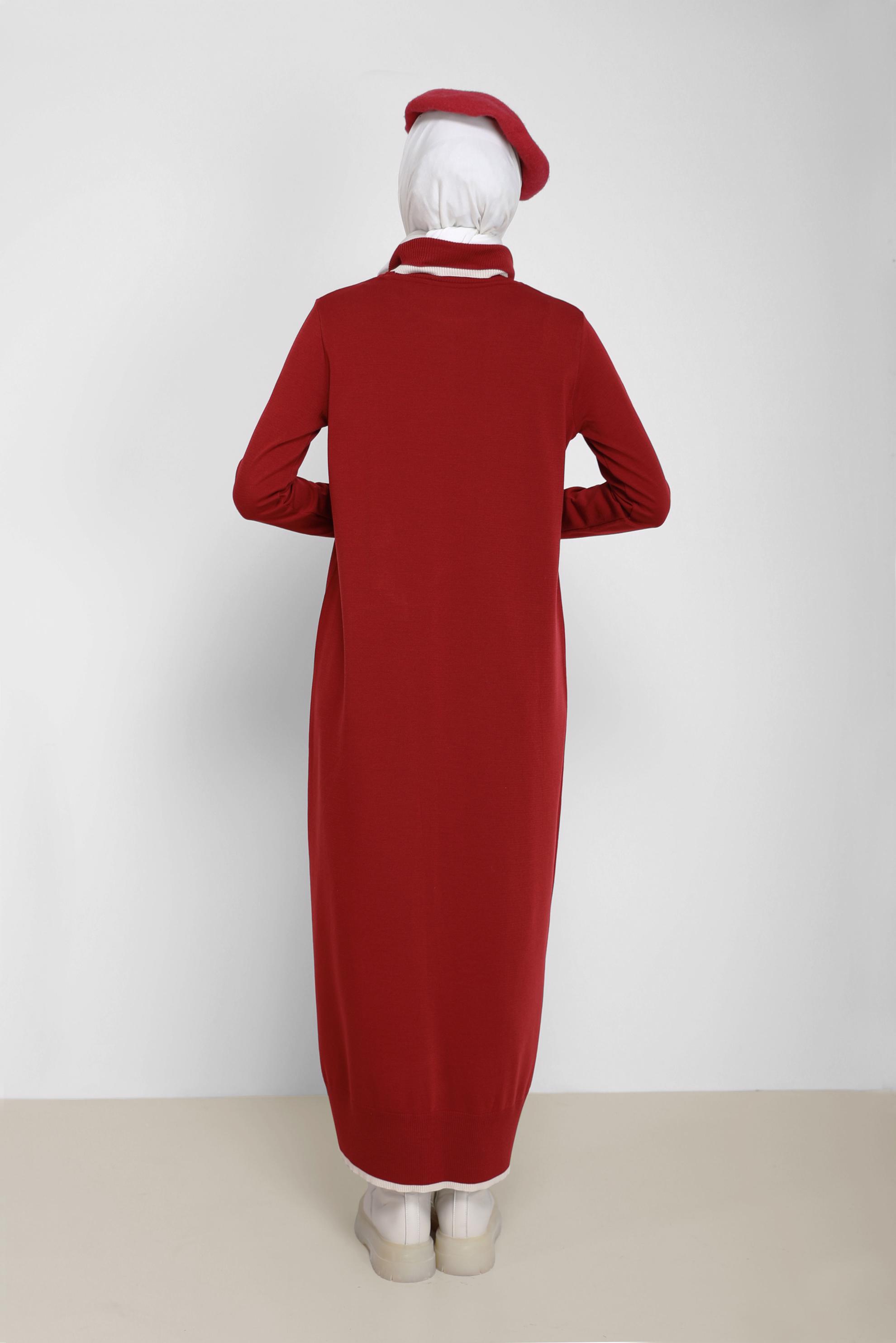 Tesettür giyim KIRMIZI BOĞAZLI TRİKO ELBİSE 42014