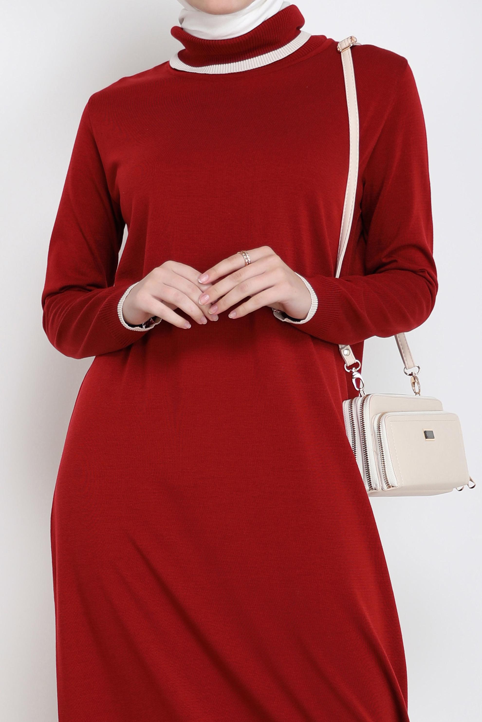 Tesettür giyim KIRMIZI BOĞAZLI TRİKO ELBİSE 42014