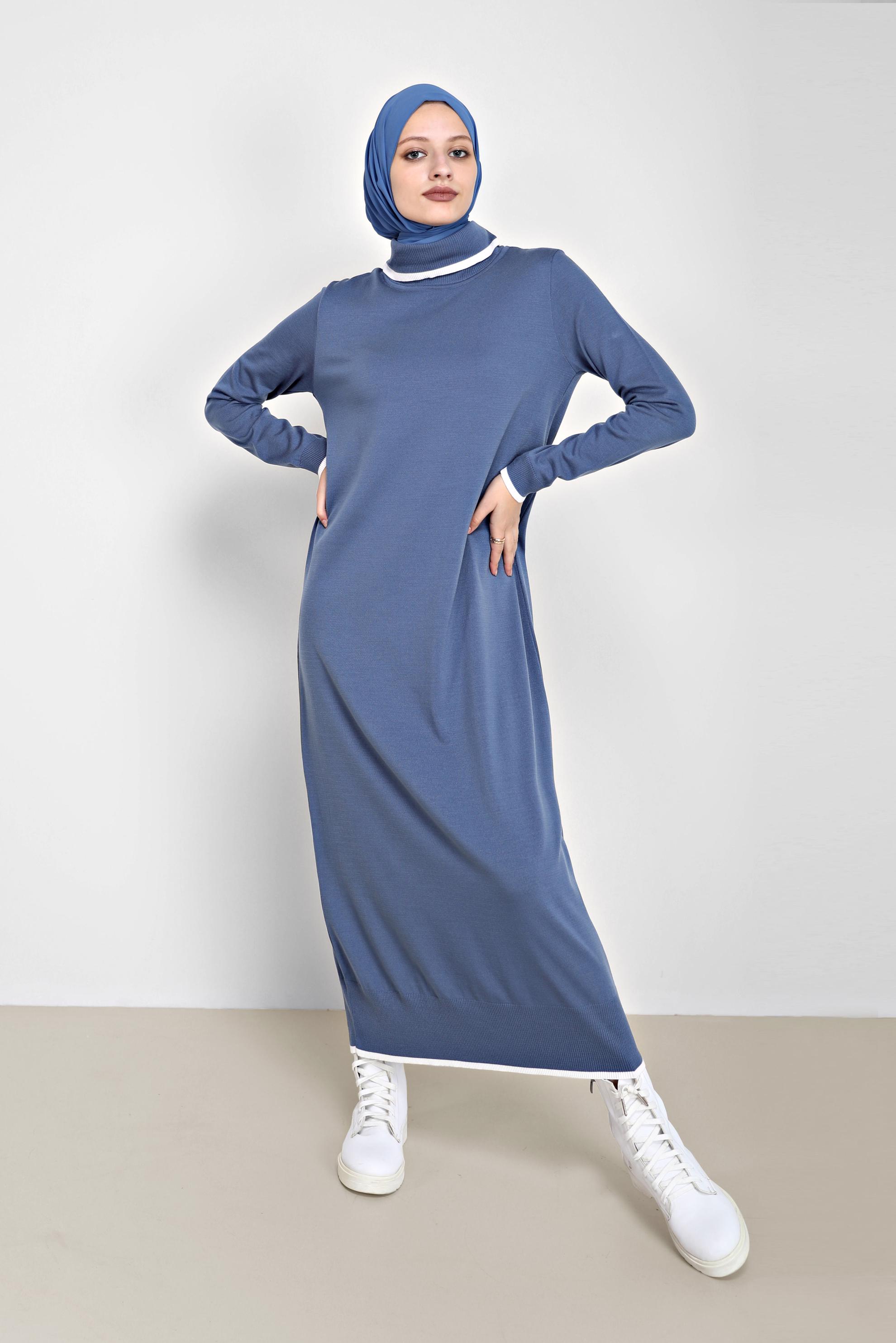 Tesettür giyim LACİVERT BOĞAZLI TRİKO ELBİSE 42014