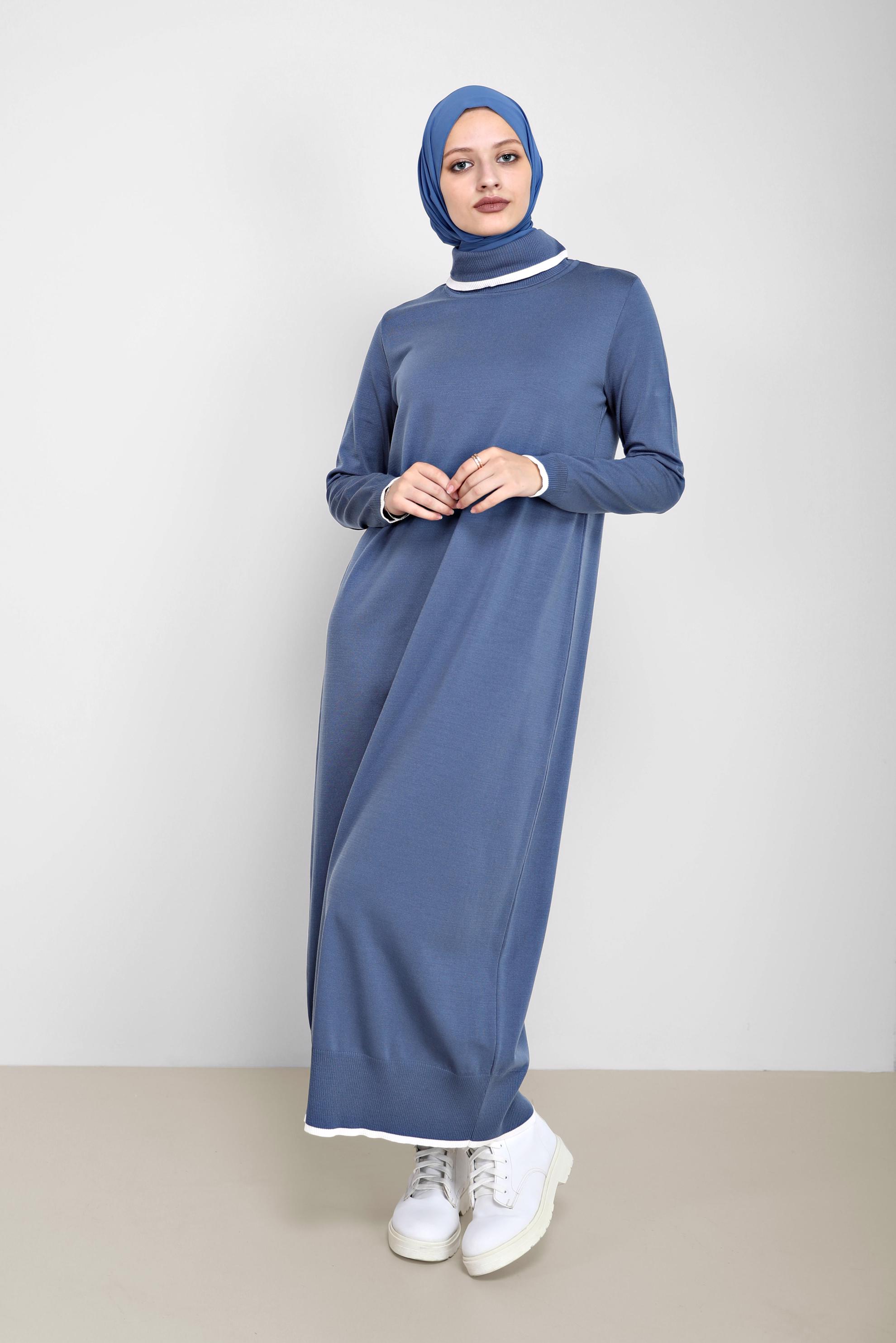 Tesettür giyim LACİVERT BOĞAZLI TRİKO ELBİSE 42014