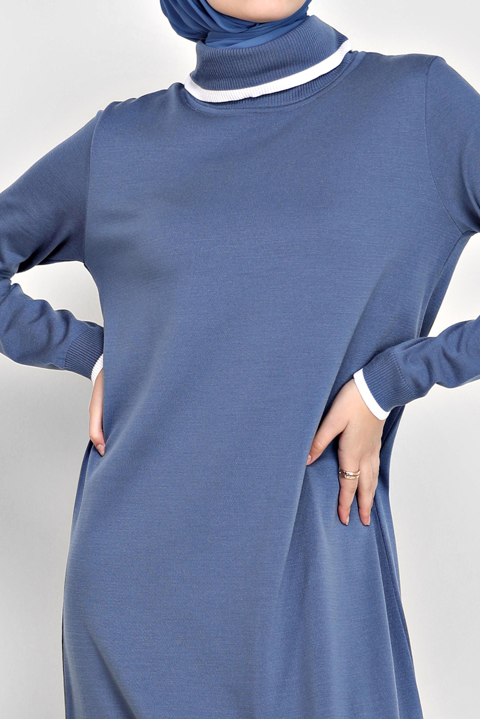 Tesettür giyim LACİVERT BOĞAZLI TRİKO ELBİSE 42014