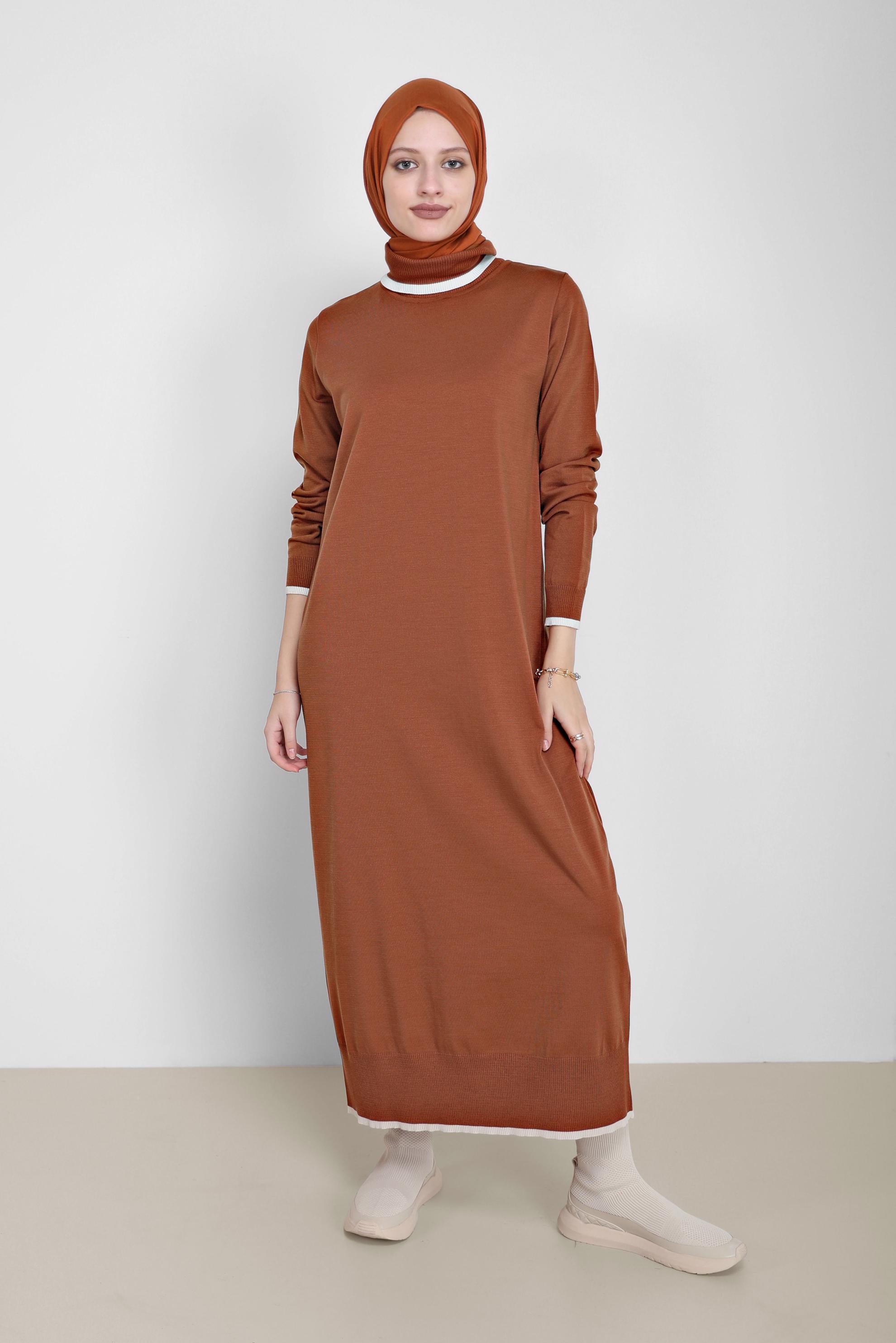 Tesettür giyim TURUNCU BOĞAZLI TRİKO ELBİSE 42014