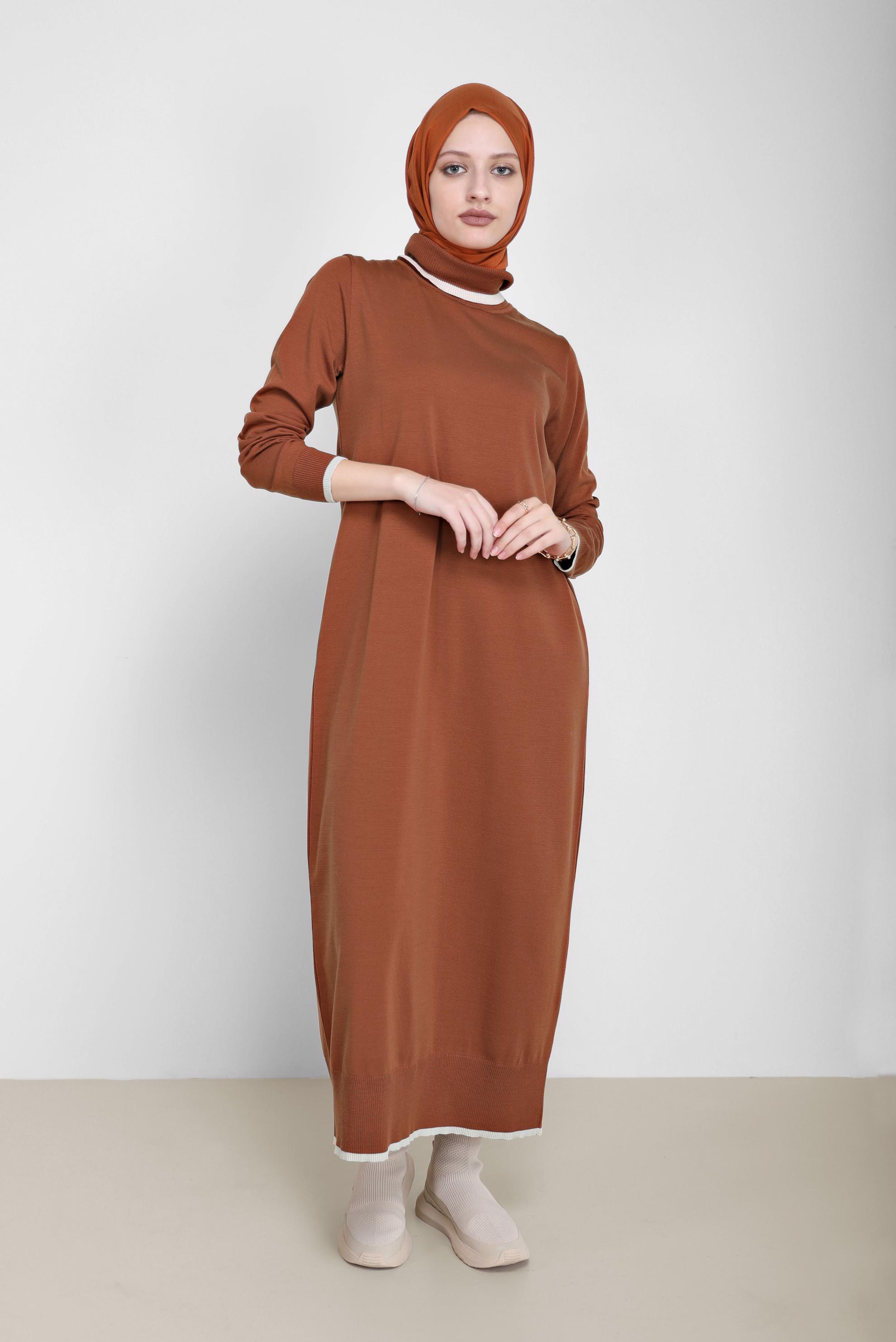 Tesettür giyim TURUNCU BOĞAZLI TRİKO ELBİSE 42014
