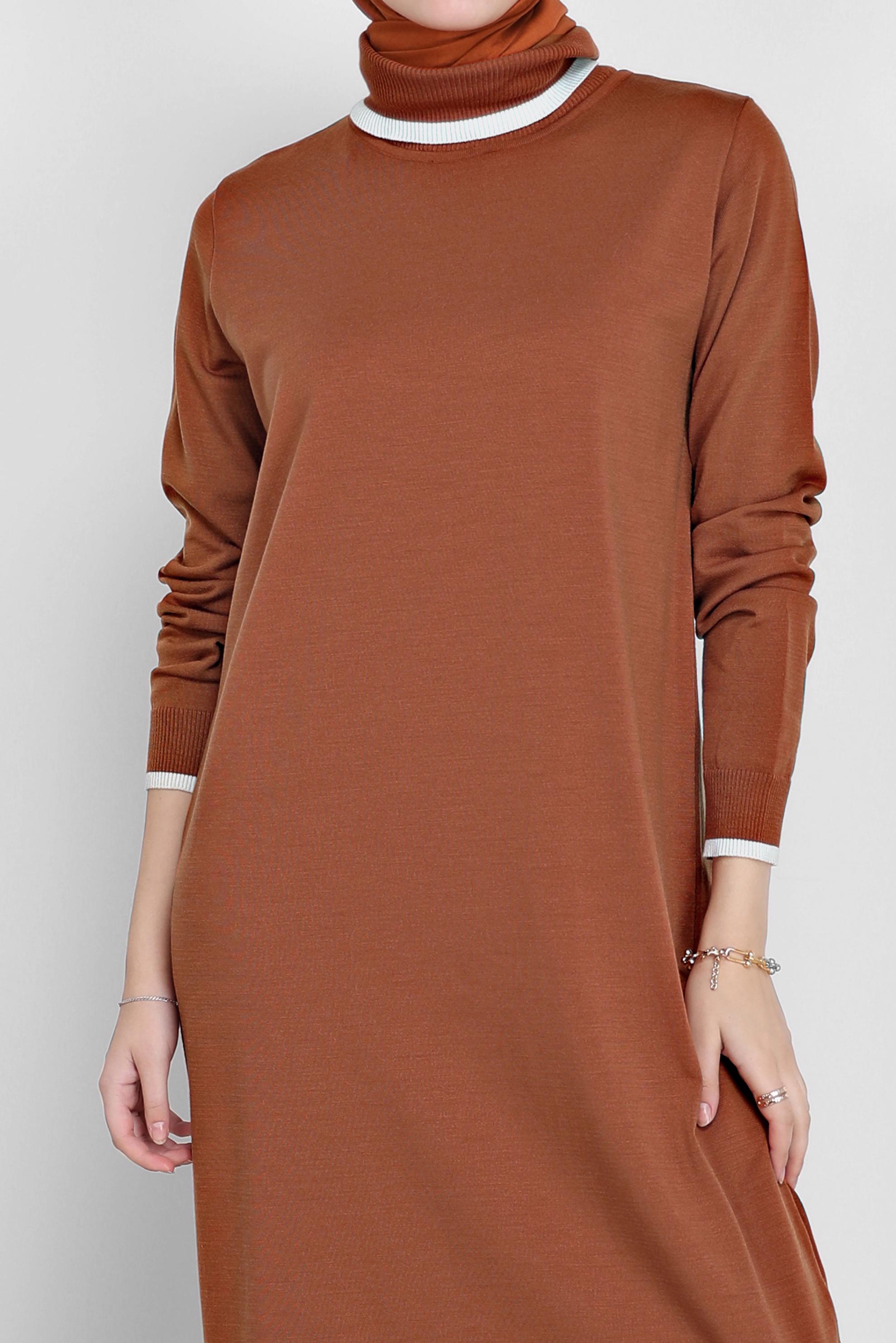 Tesettür giyim TURUNCU BOĞAZLI TRİKO ELBİSE 42014