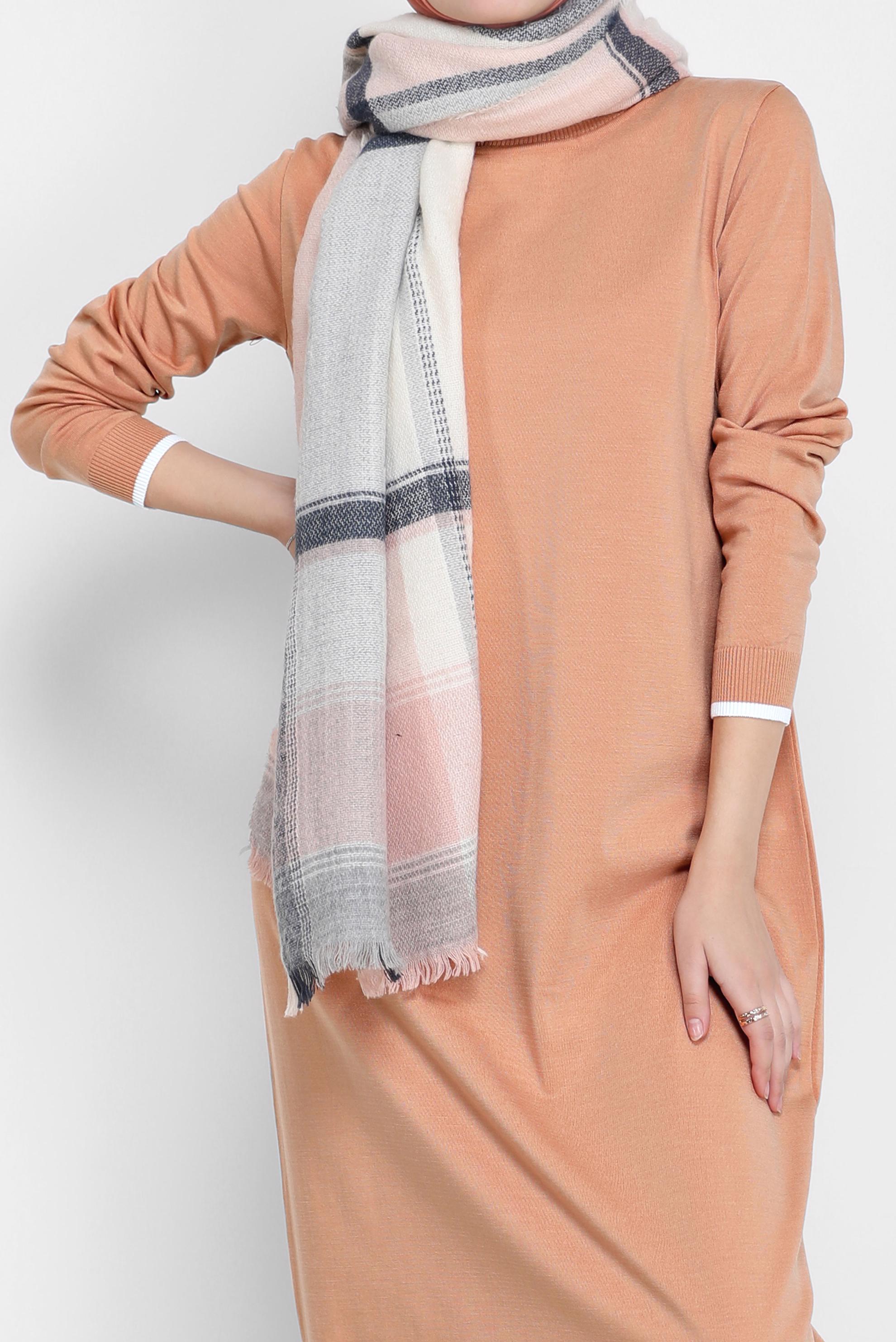 Tesettür giyim PEMBE BOĞAZLI TRİKO ELBİSE 42014