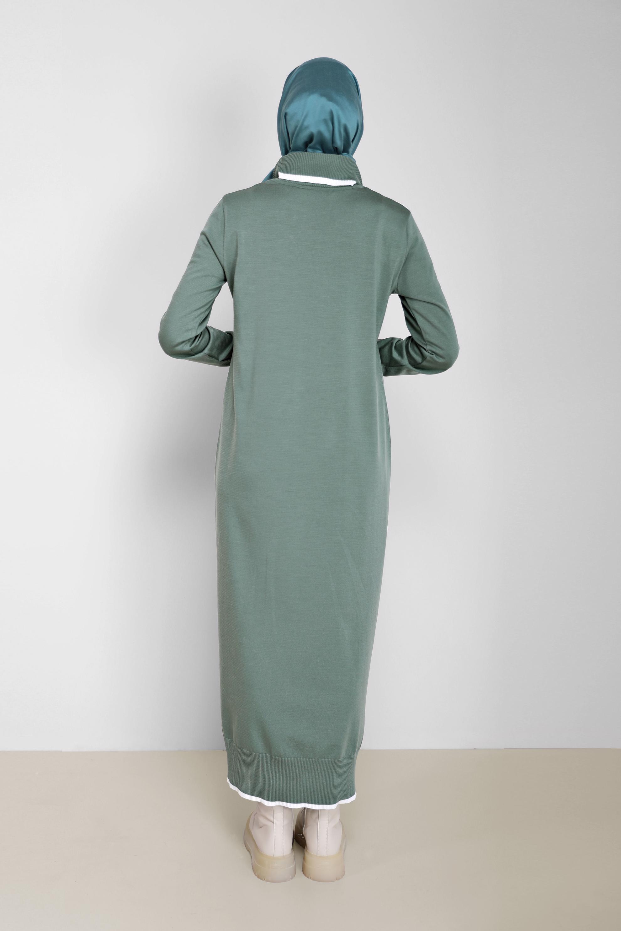 Tesettür giyim YEŞİL BOĞAZLI TRİKO ELBİSE 42014