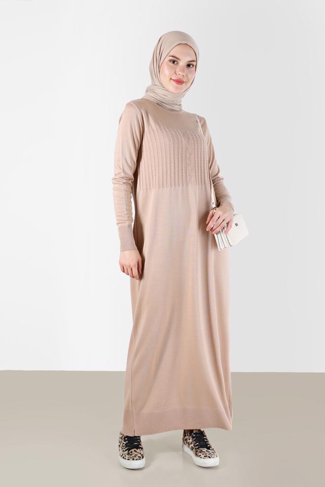 Tesettür giyim  SAÇ ÖRGÜ DESENLİ TRİKO ELBİSE 42015 - ALVİNA