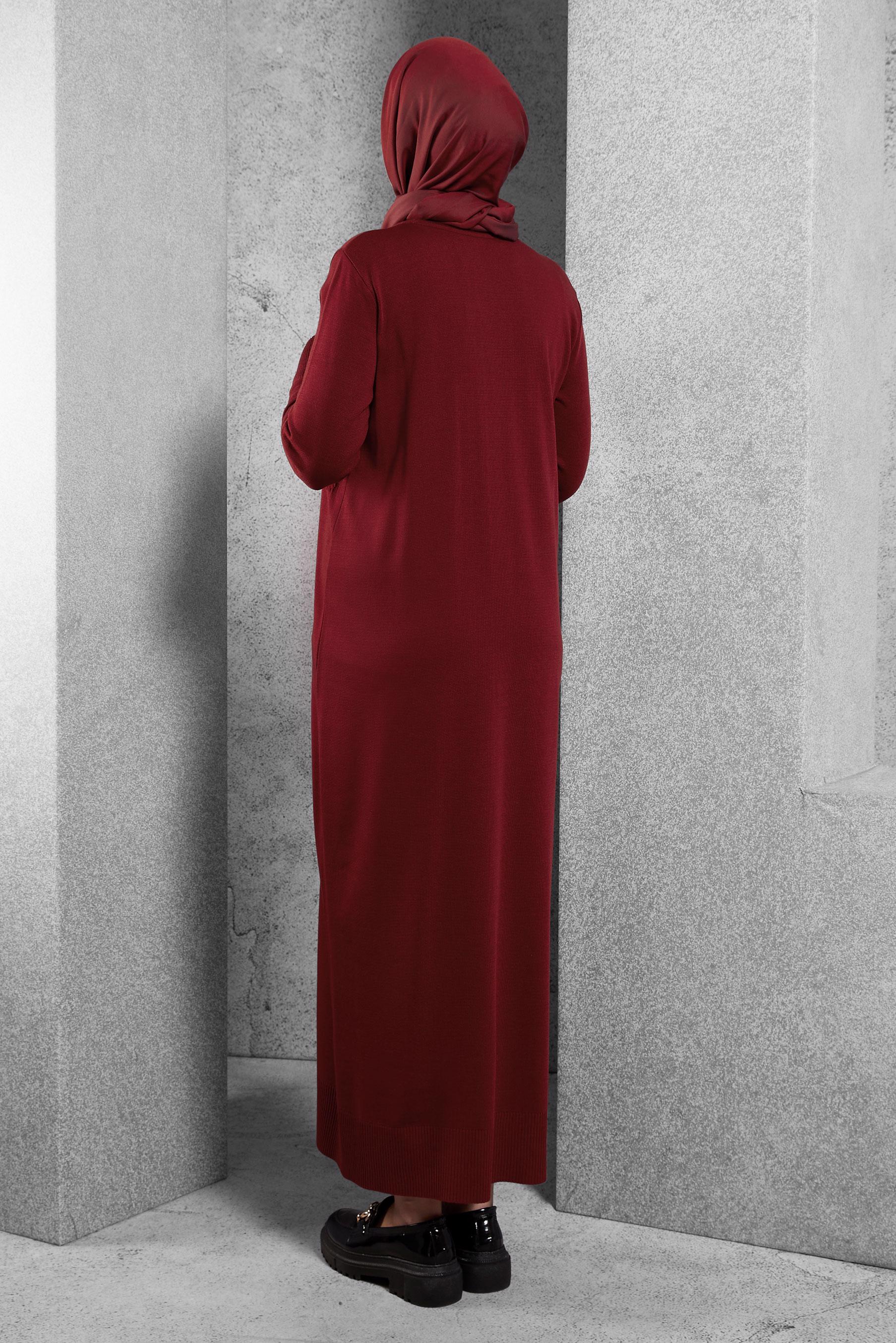 Tesettür giyim KIRMIZI SAÇ ÖRGÜ DESENLİ TRİKO ELBİSE 42015