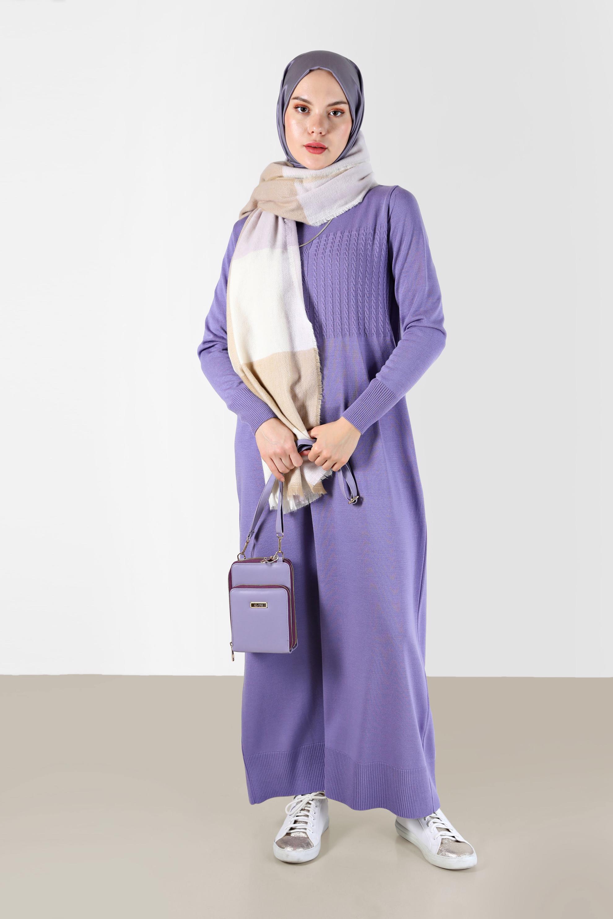 Tesettür giyim MOR SAÇ ÖRGÜ DESENLİ TRİKO ELBİSE 42015