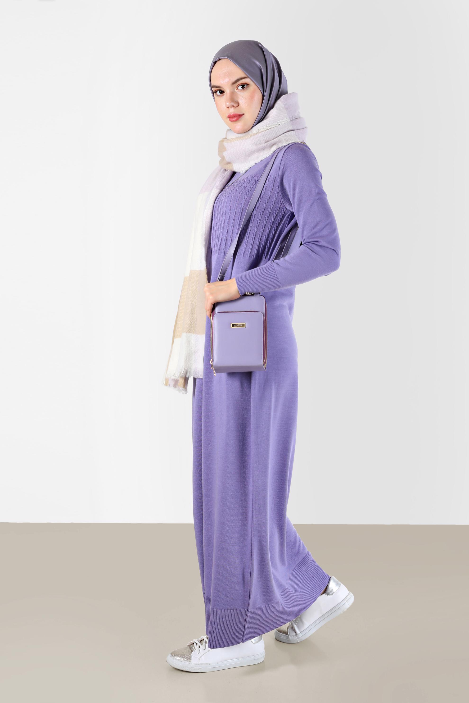 Tesettür giyim MOR SAÇ ÖRGÜ DESENLİ TRİKO ELBİSE 42015