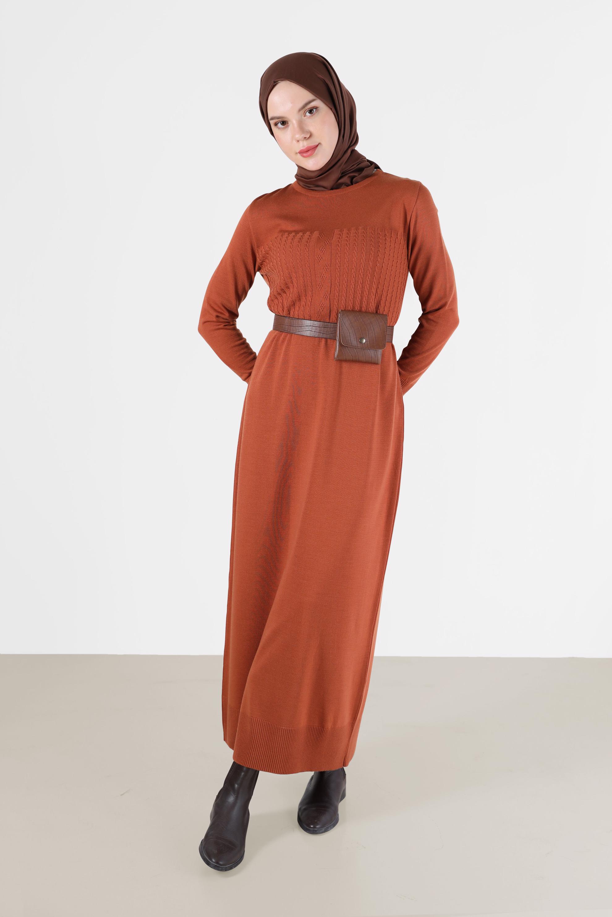 Tesettür giyim TURUNCU SAÇ ÖRGÜ DESENLİ TRİKO ELBİSE 42015